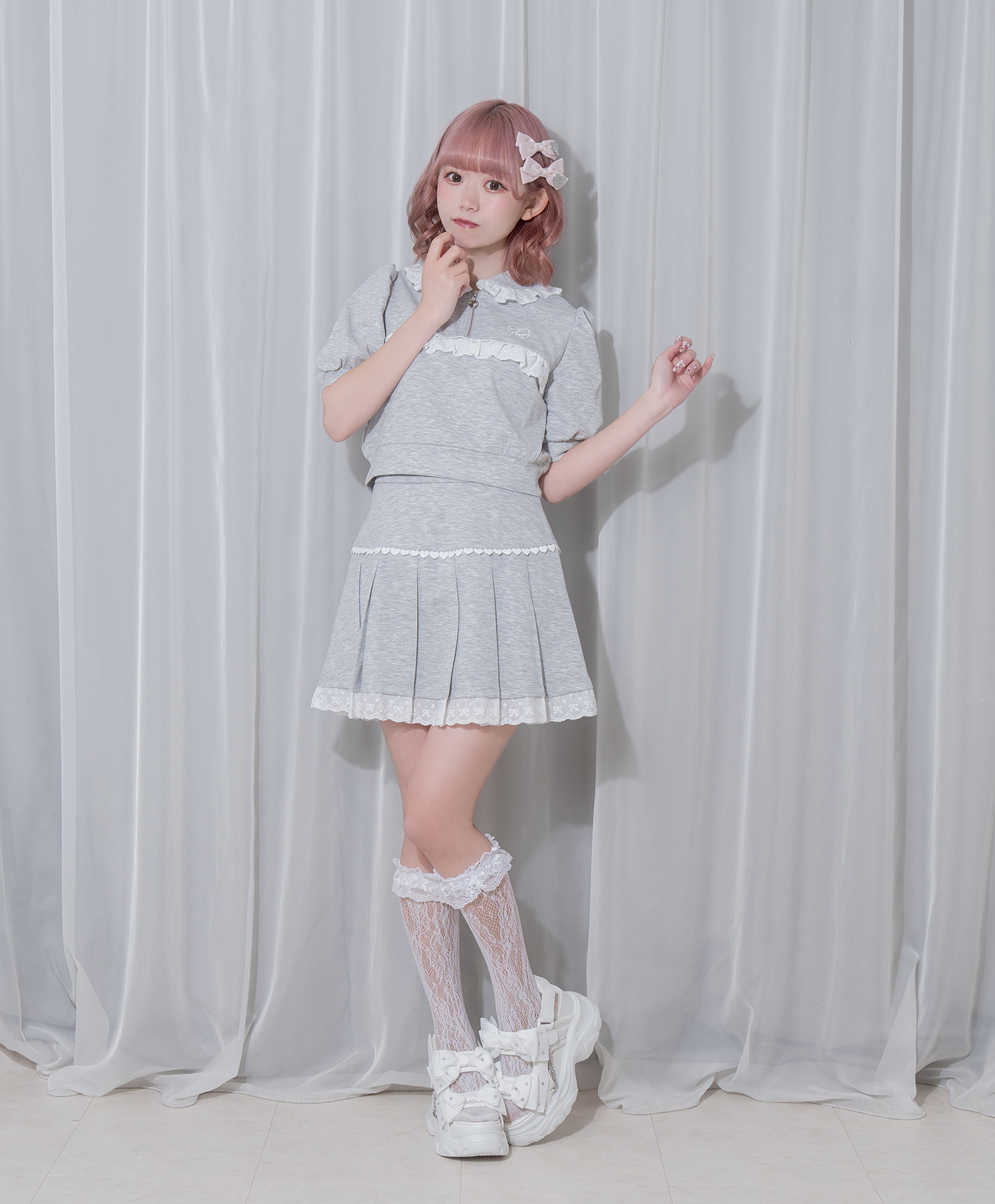 コットンレースハーフジップセット