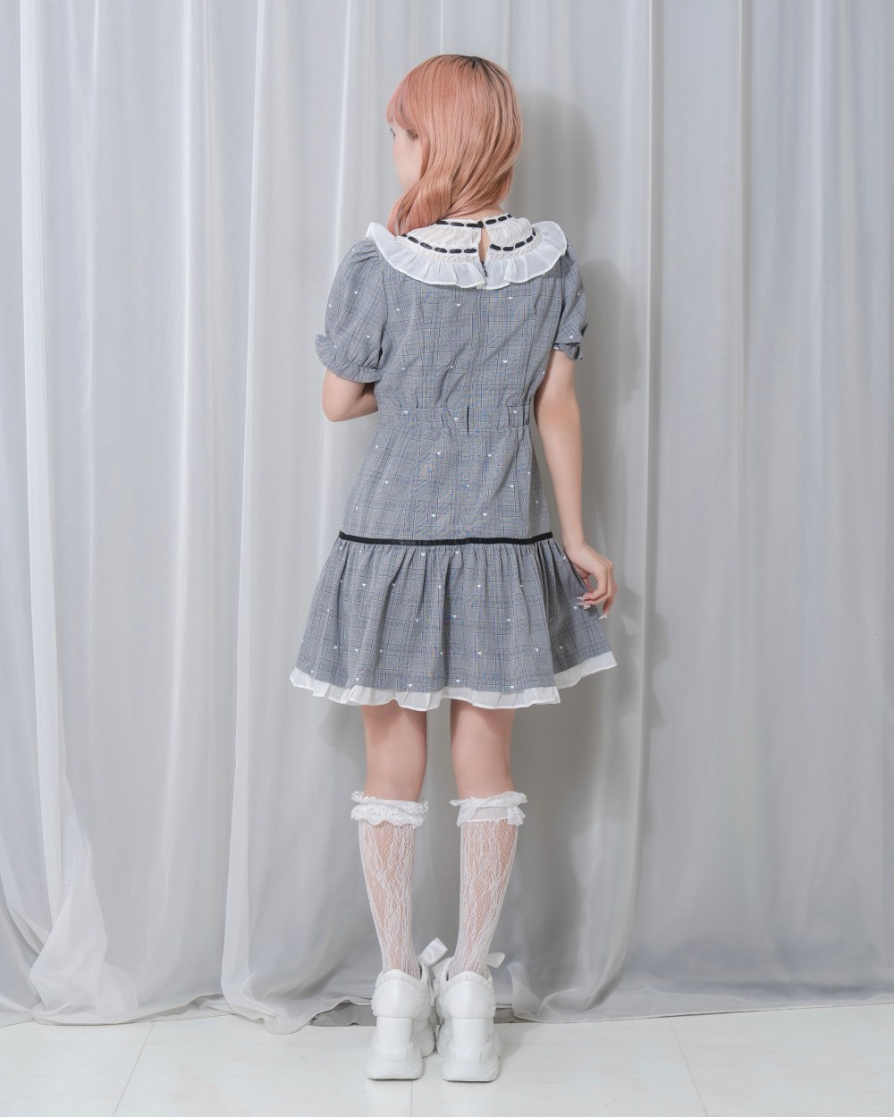 ハートドット刺繍チェックワンピース