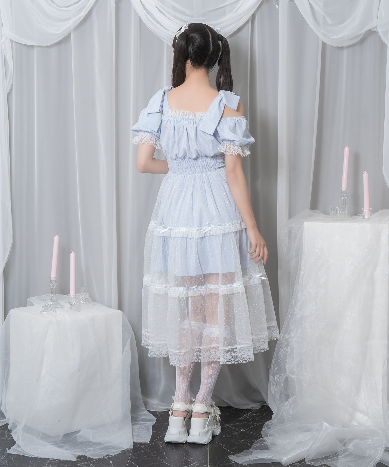 肩リボンティアードチュールワンピース