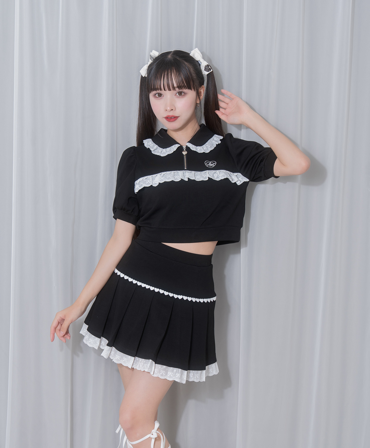 コットンレースハーフジップセット