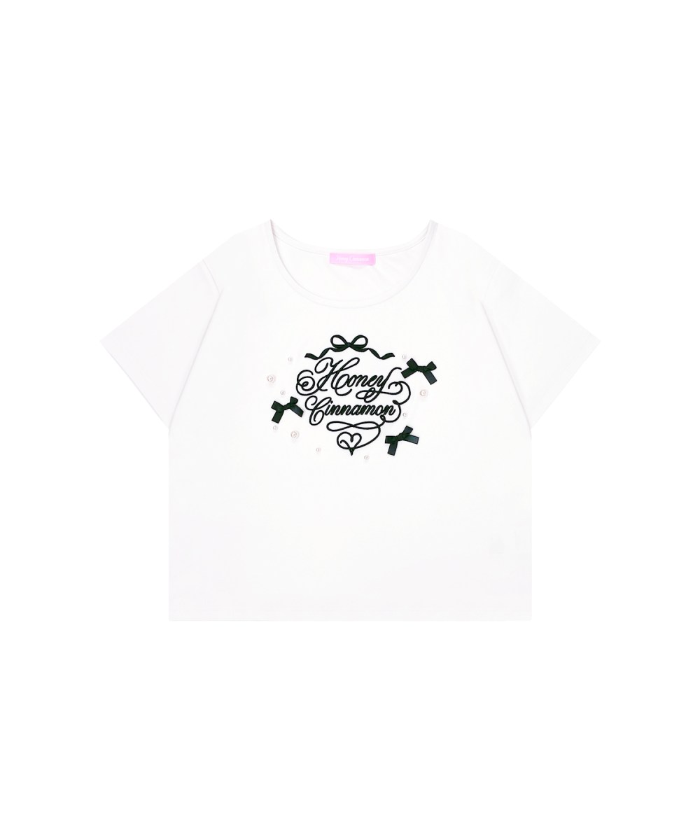 ロゴ刺繍リボンパールTシャツ