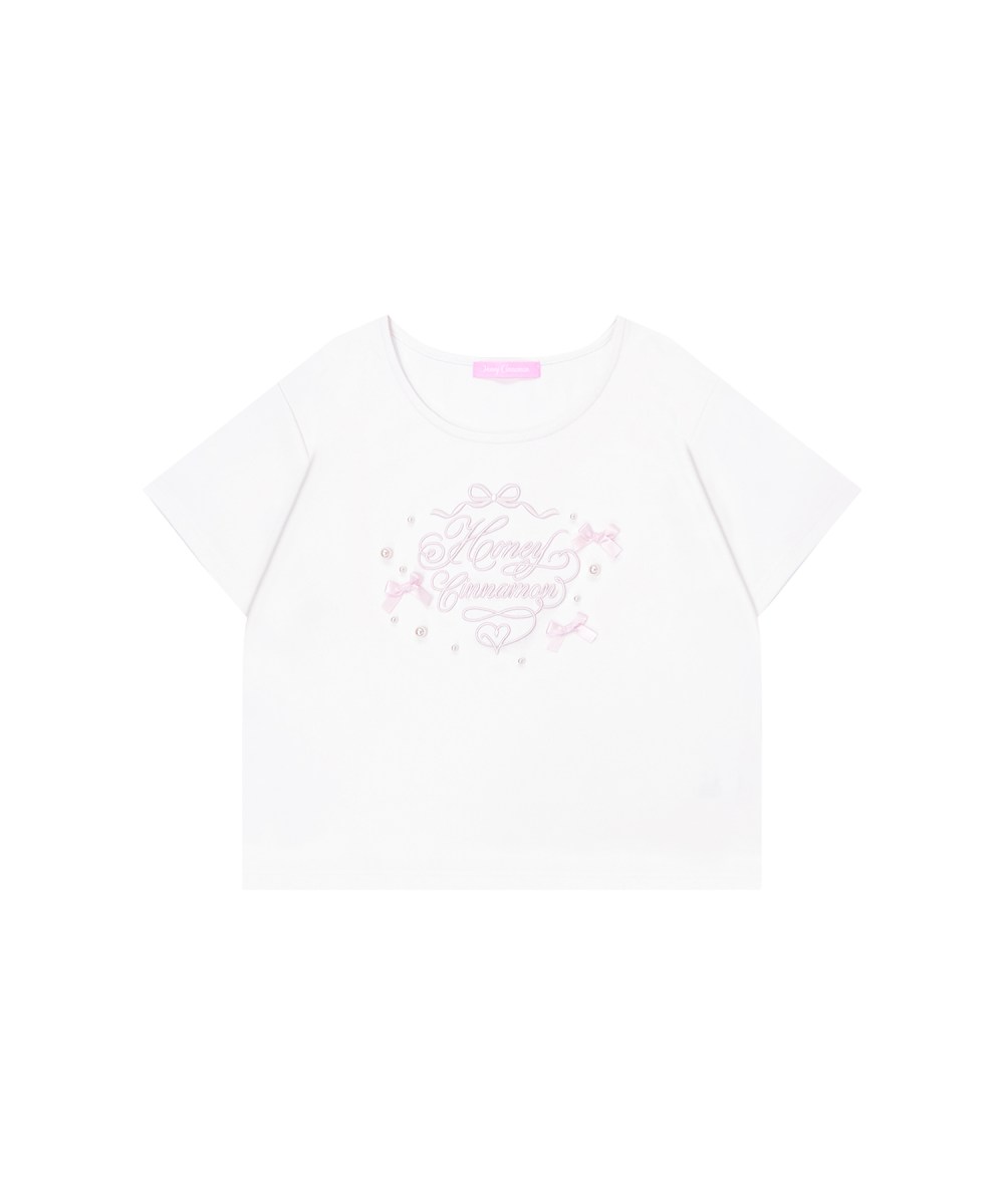 ロゴ刺繍リボンパールTシャツ