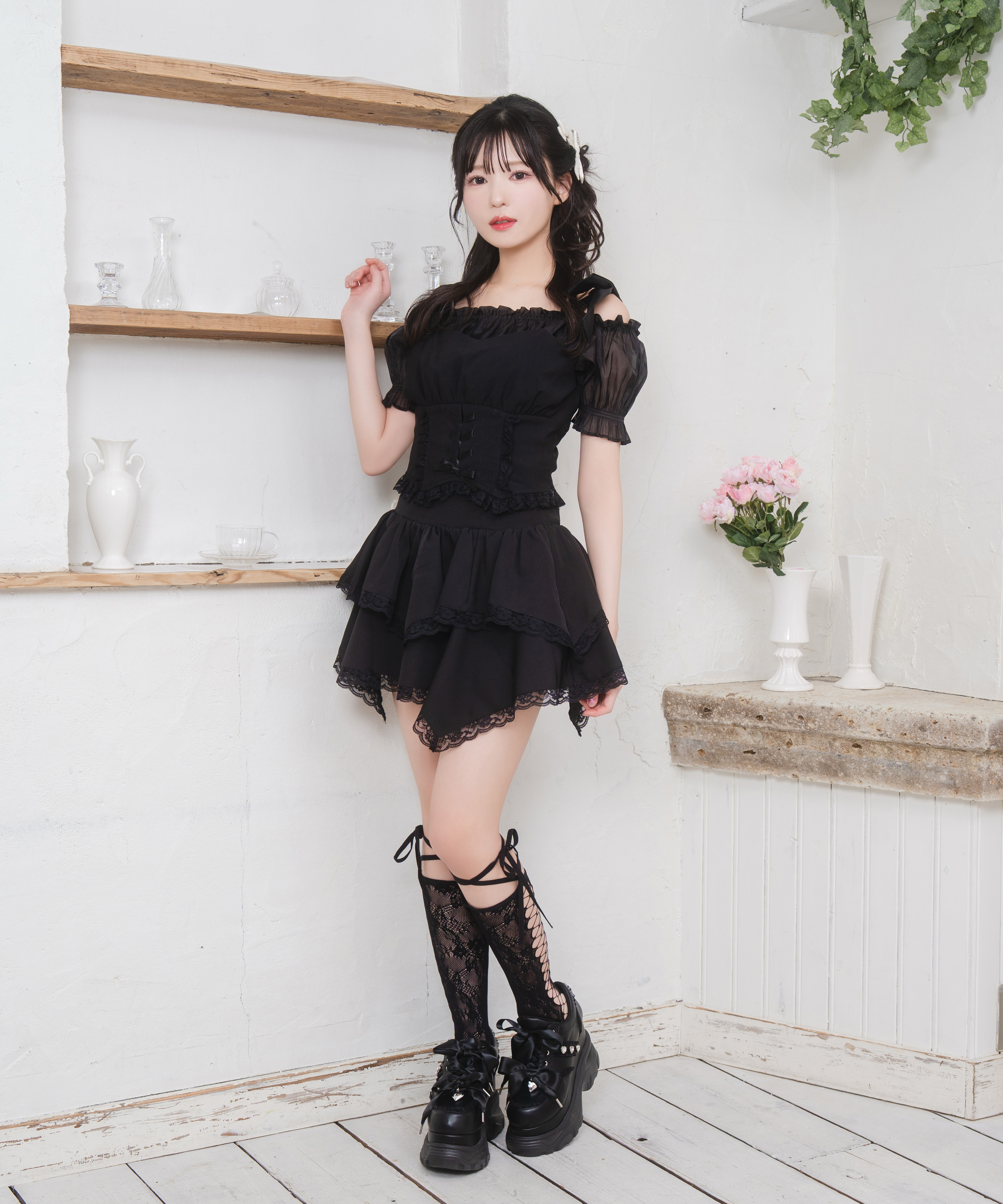 肩リボンビスチェオフショルセットアップ