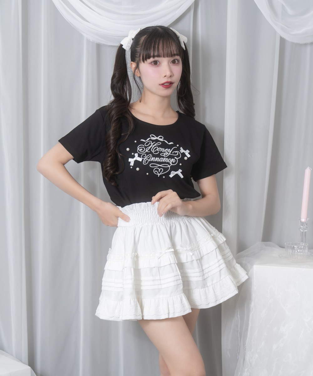 ロゴ刺繍リボンパールTシャツ
