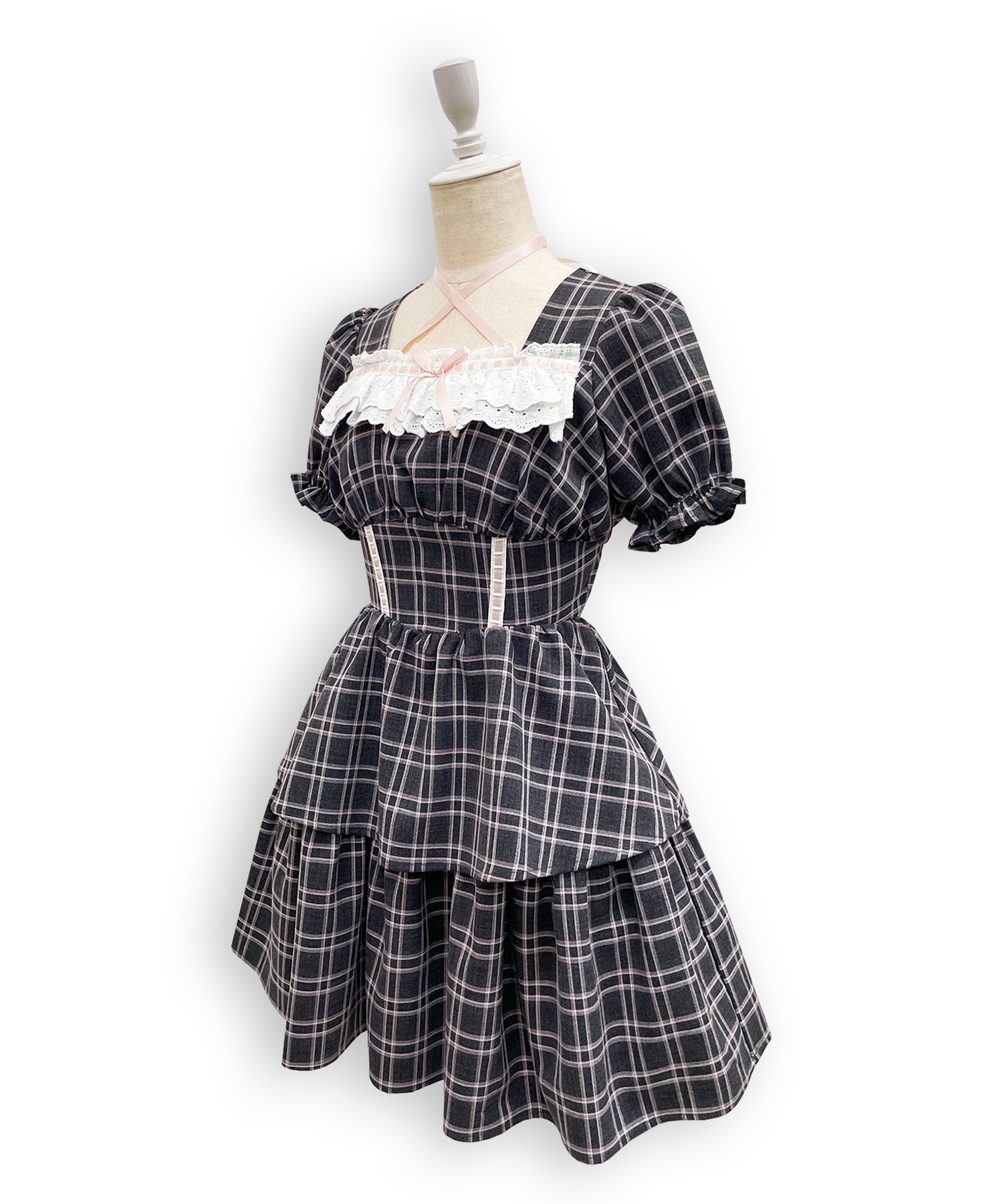 デコルテリボン配色チェックワンピース