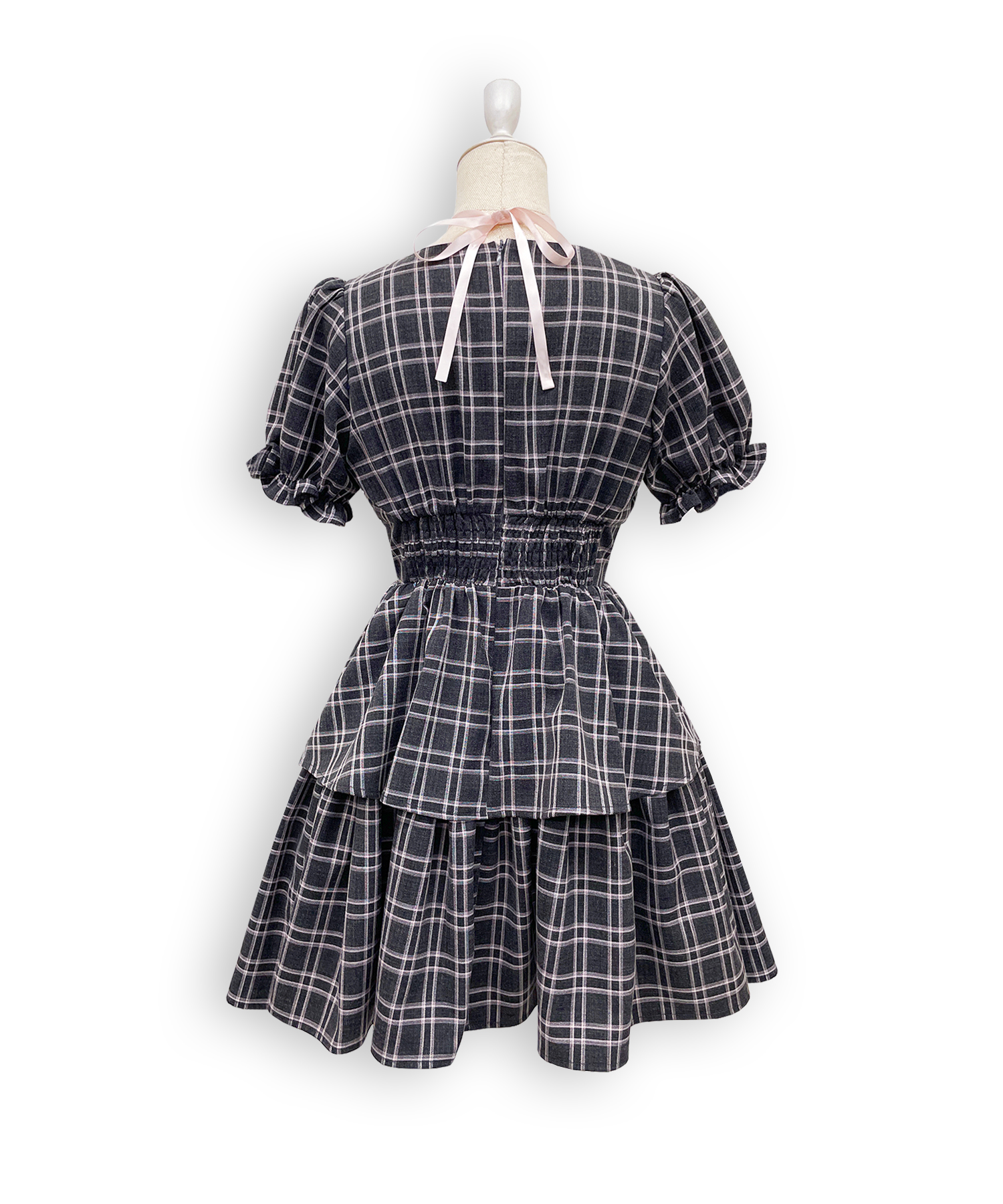 デコルテリボン配色チェックワンピース