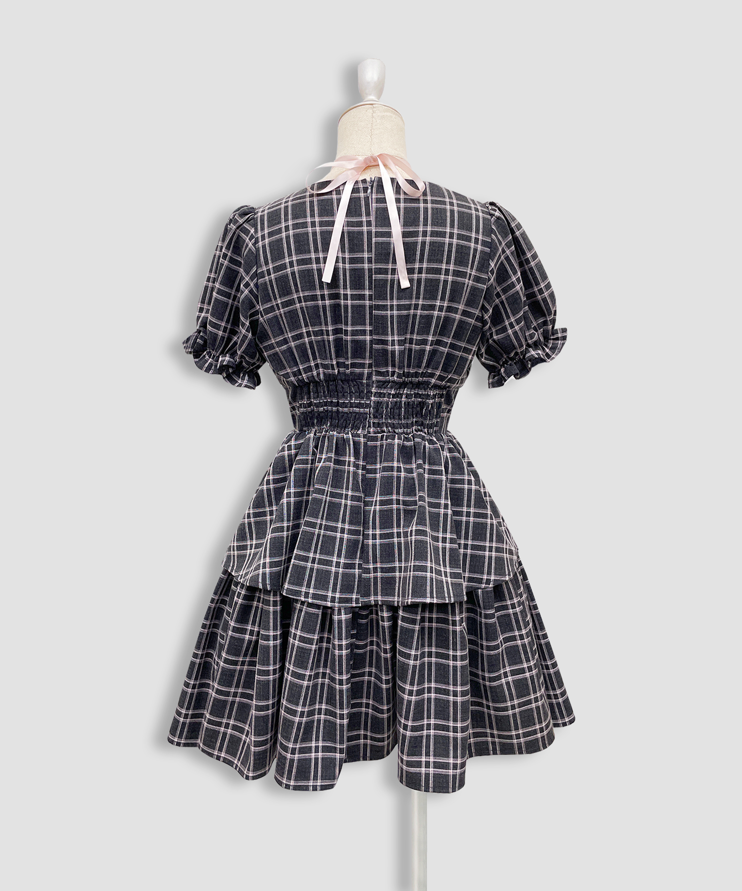 デコルテリボン配色チェックワンピース