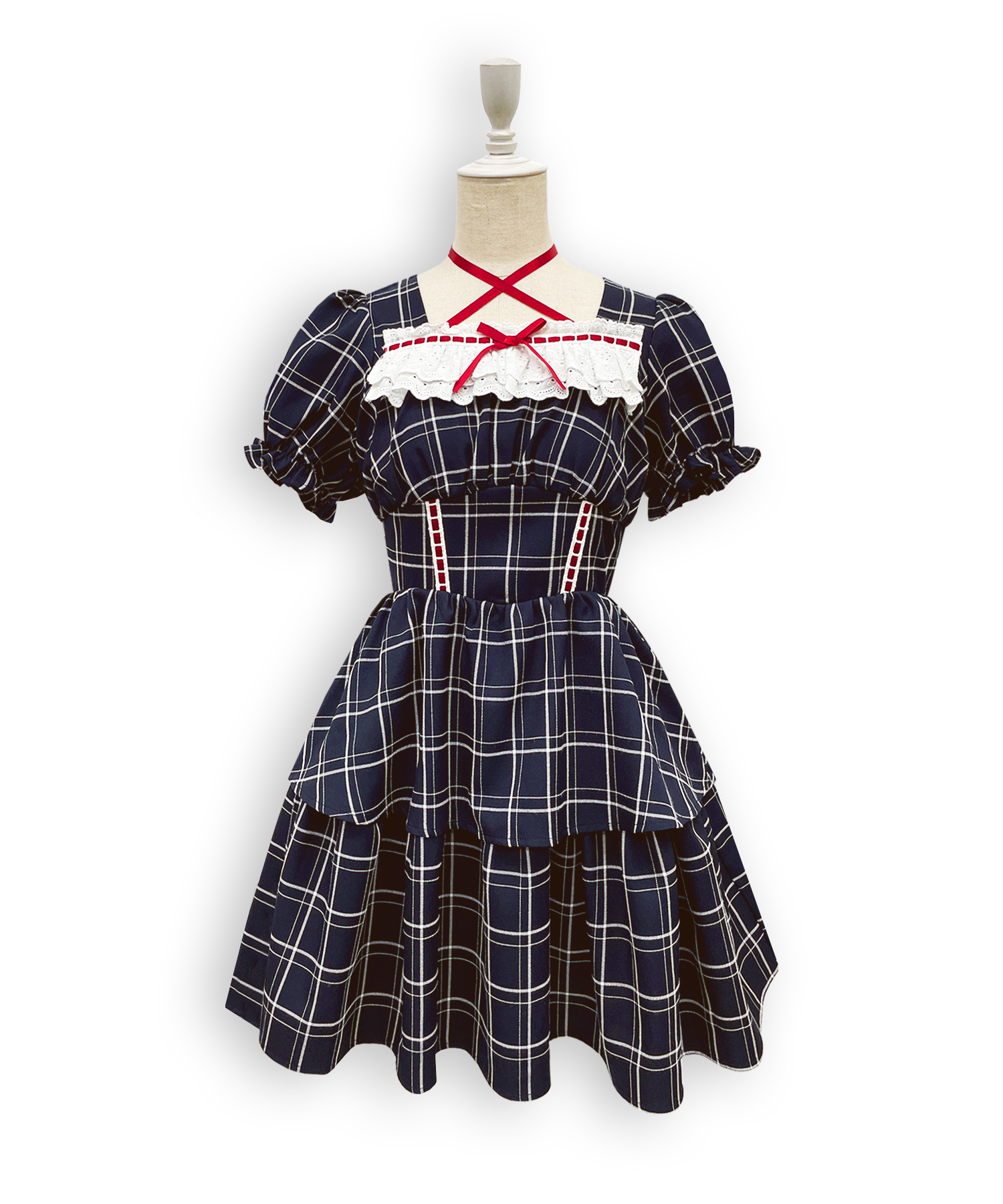 デコルテリボン配色チェックワンピース – BUNNY APARTMENT