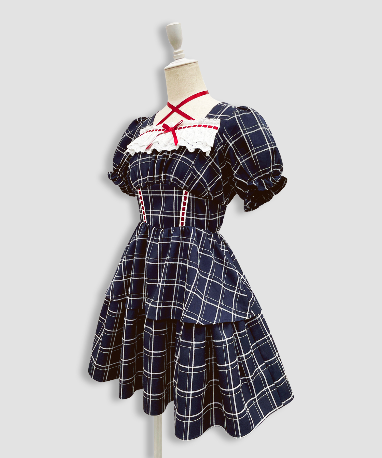 デコルテリボン配色チェックワンピース