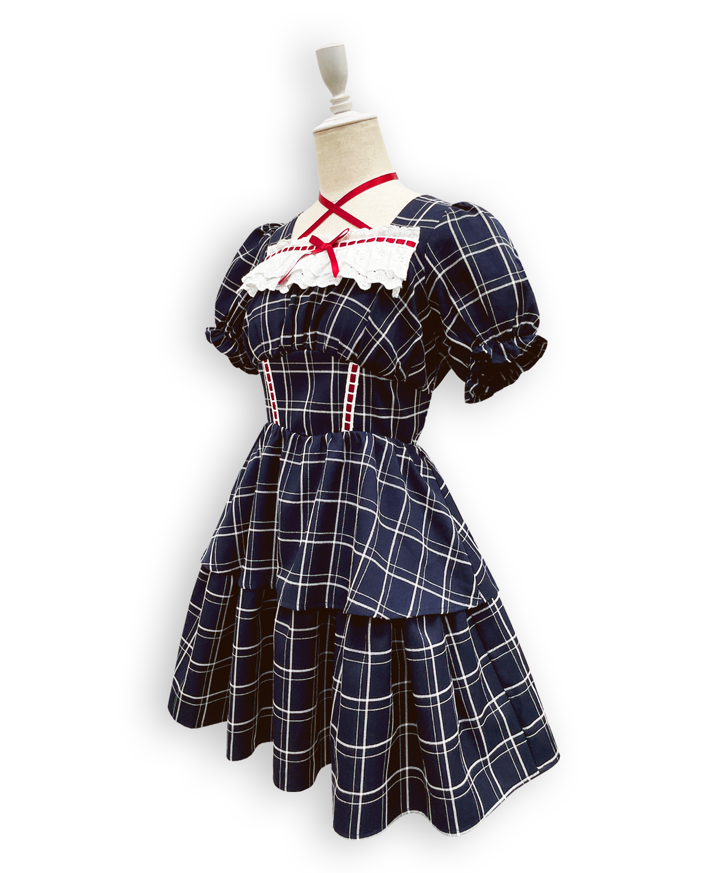デコルテリボン配色チェックワンピース – BUNNY APARTMENT