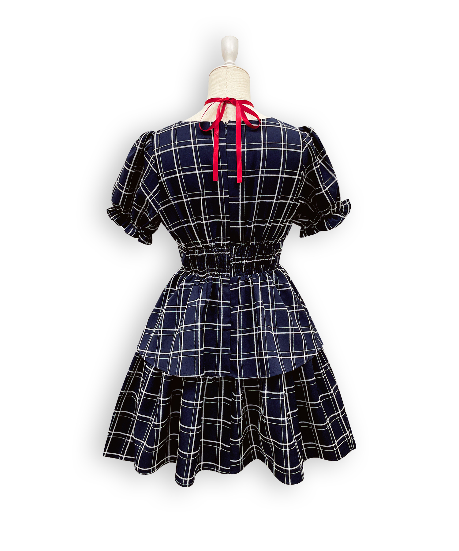 デコルテリボン配色チェックワンピース
