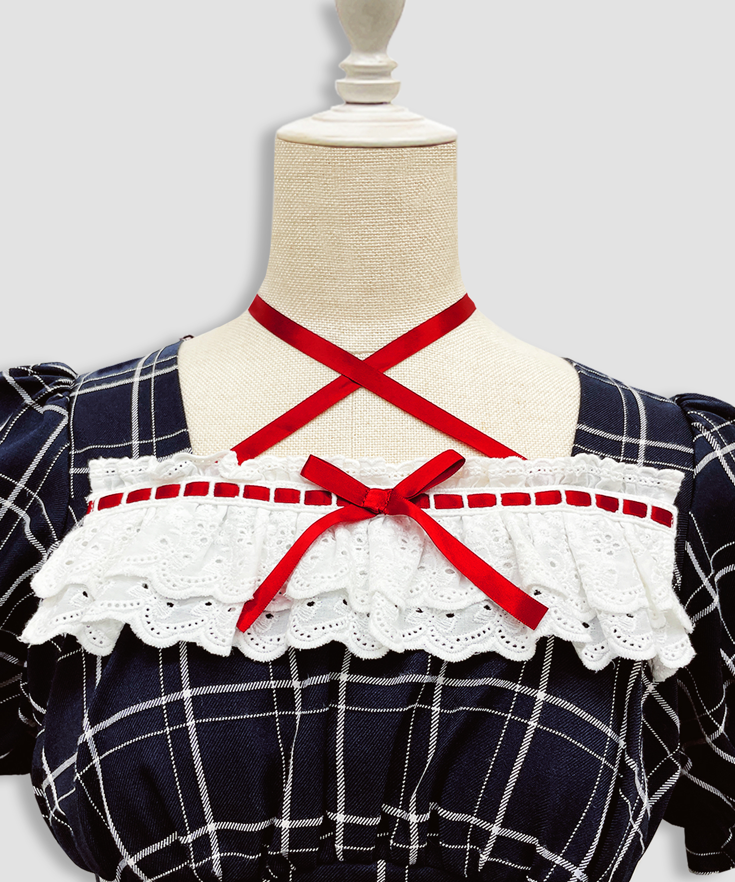 デコルテリボン配色チェックワンピース