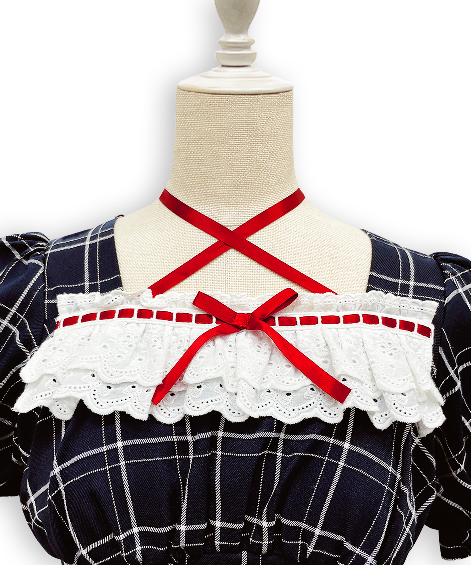 デコルテリボン配色チェックワンピース