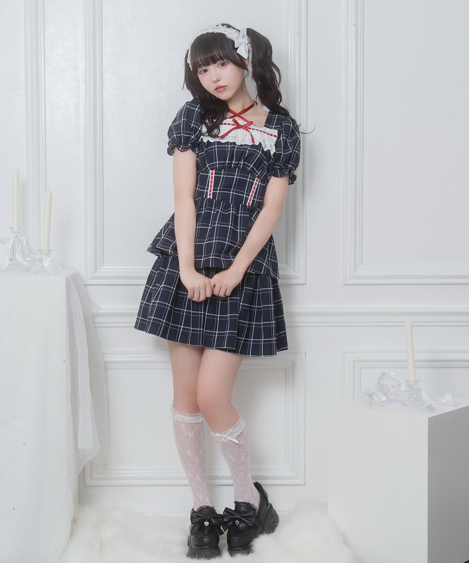 デコルテリボン配色チェックワンピース