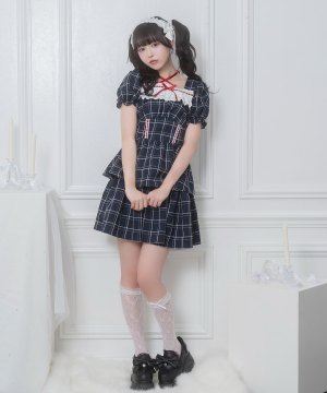 デコルテリボン配色チェックワンピース