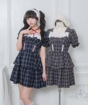 デコルテリボン配色チェックワンピース