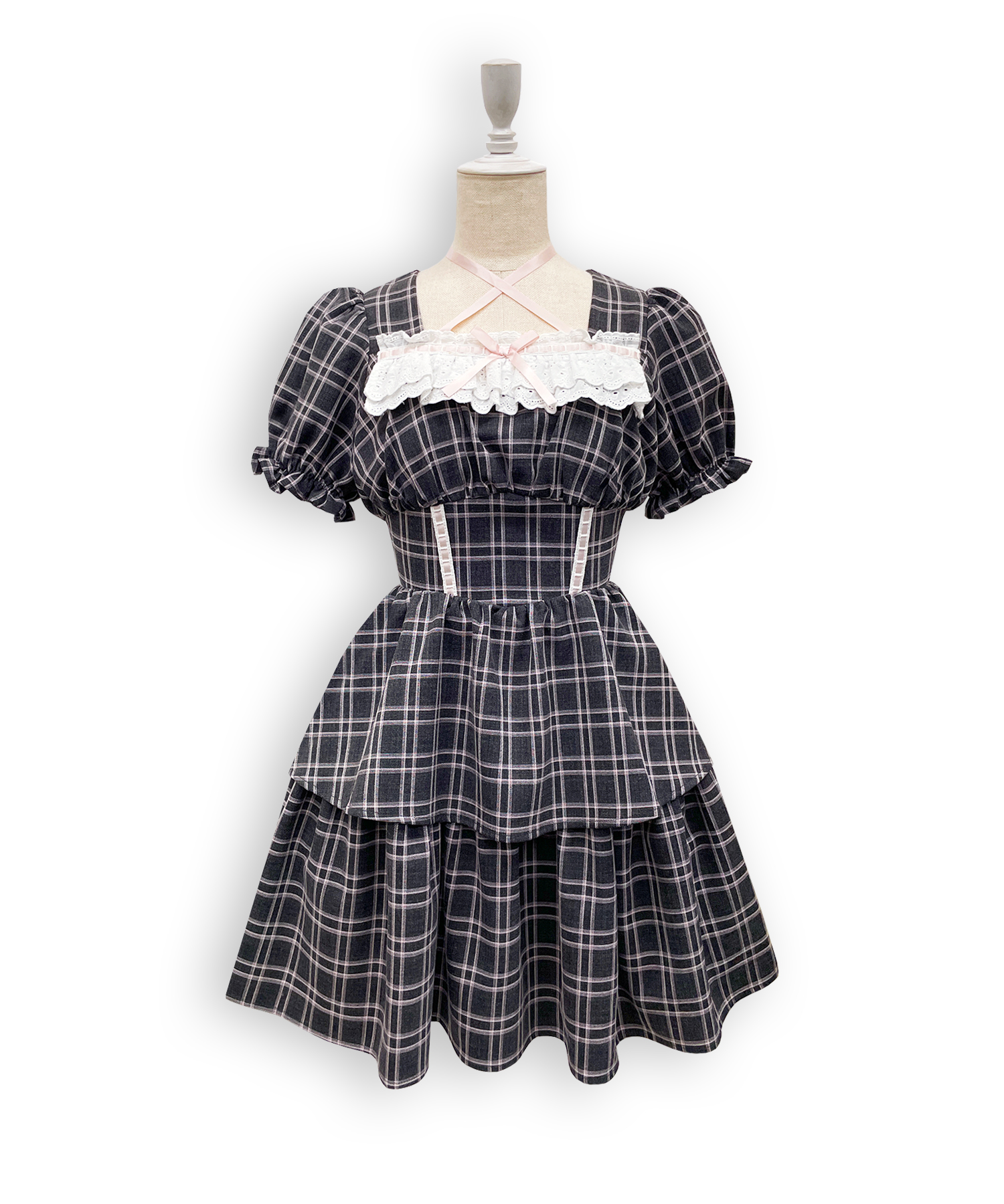 デコルテリボン配色チェックワンピース – BUNNY APARTMENT