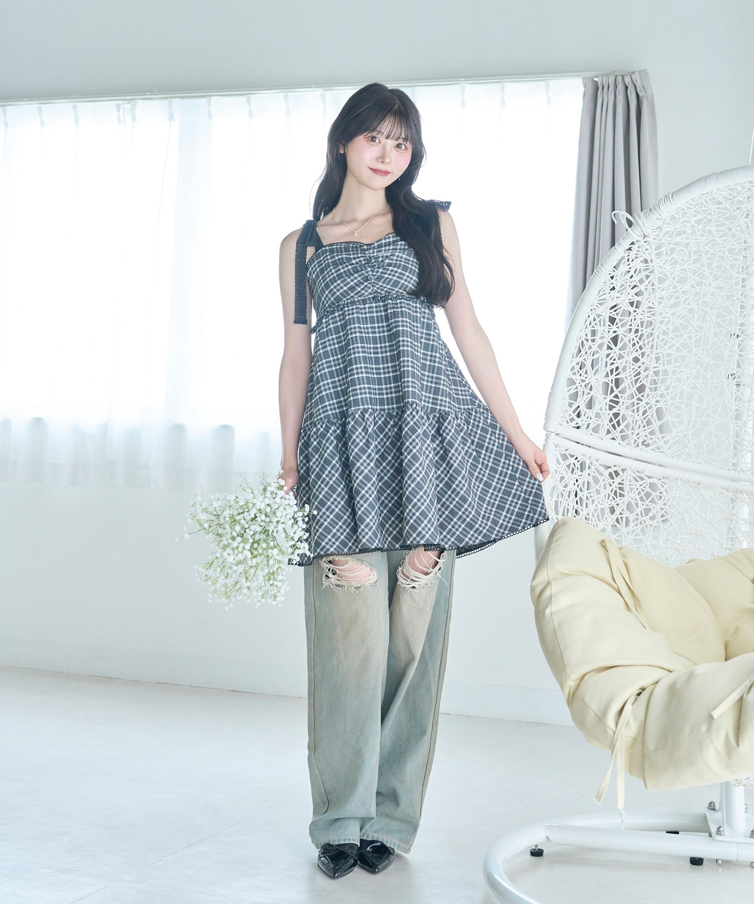 cardigan check camisole onepiece