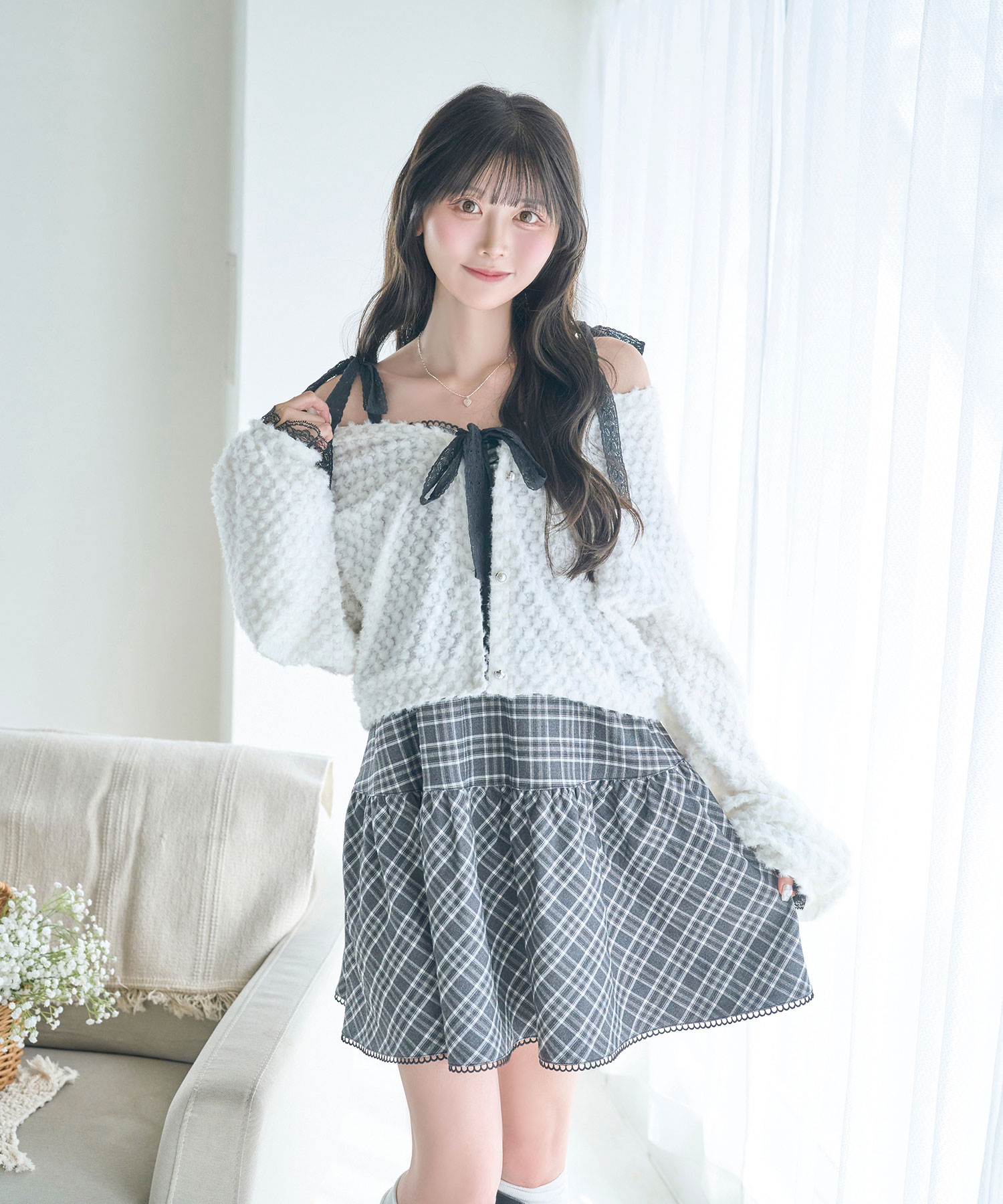 cardigan check camisole onepiece