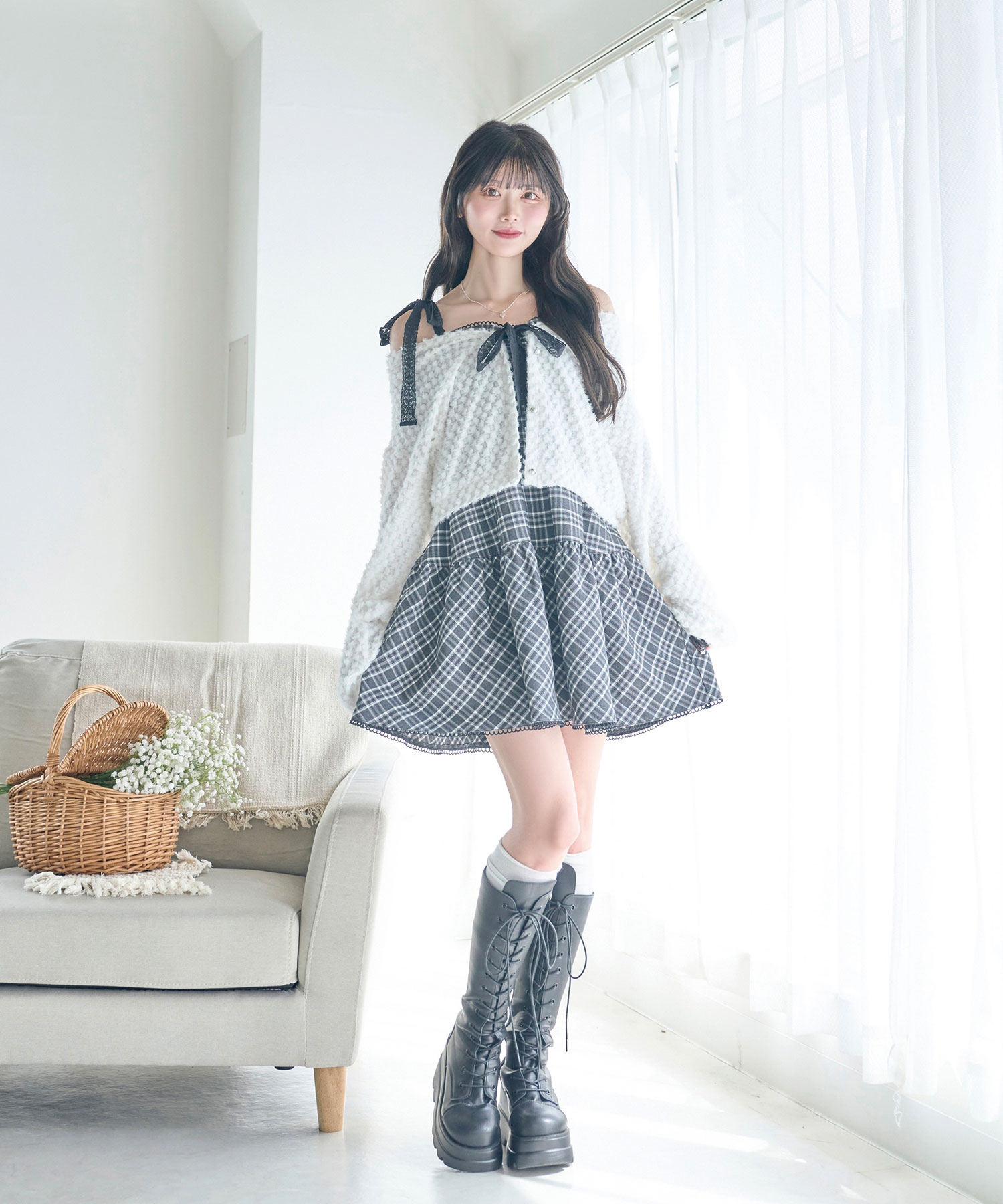 cardigan check camisole onepiece