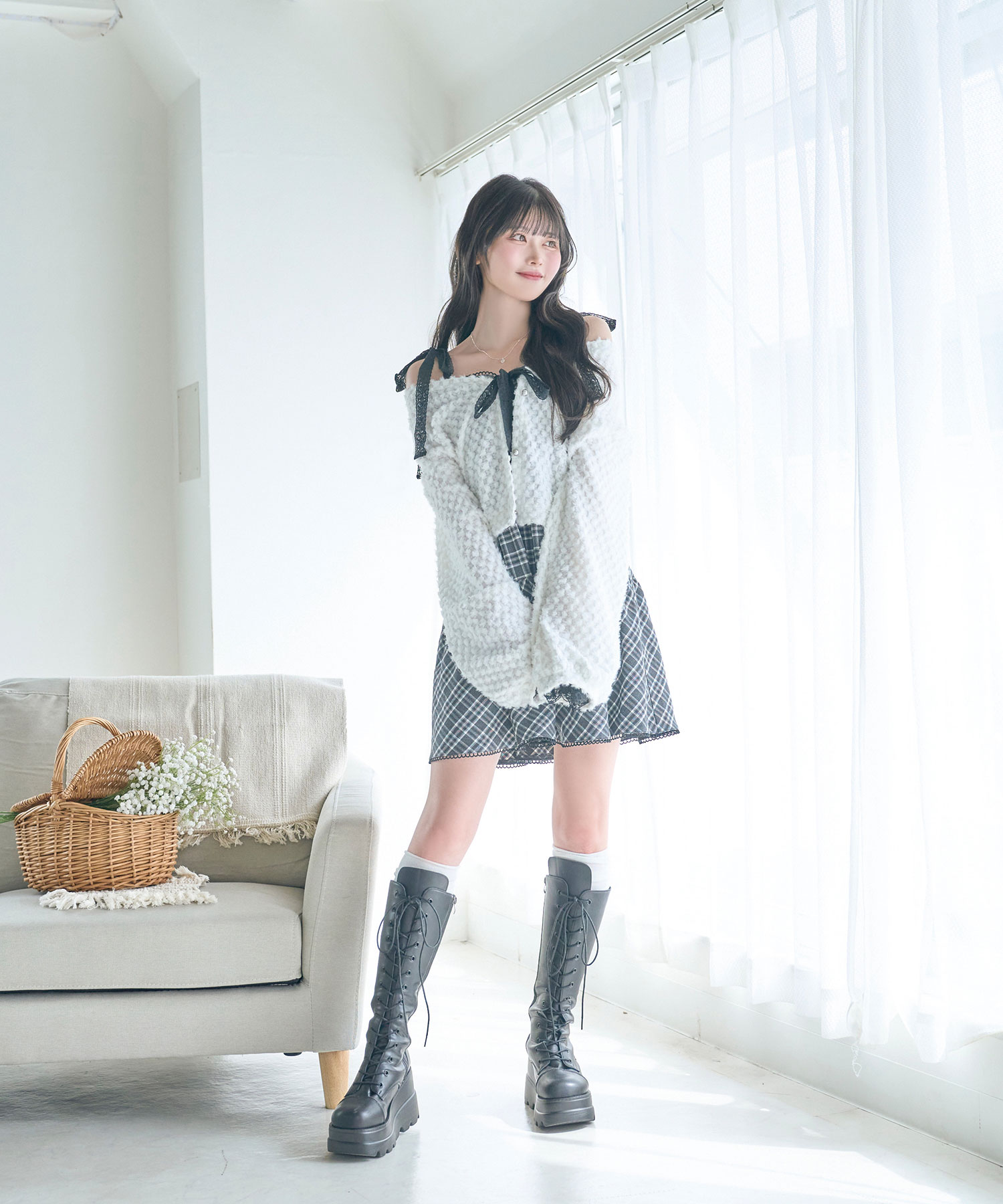 cardigan check camisole onepiece