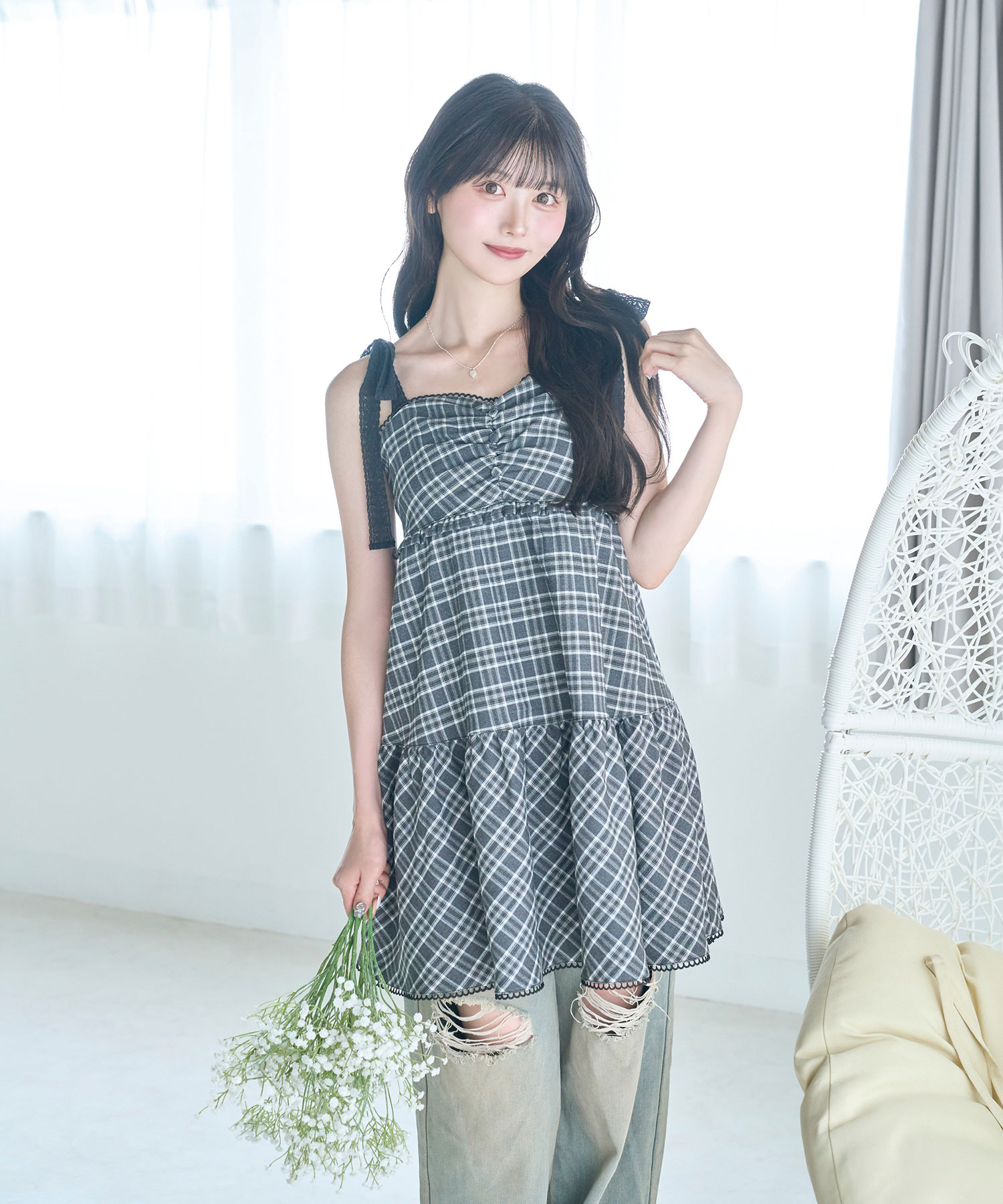 cardigan check camisole onepiece