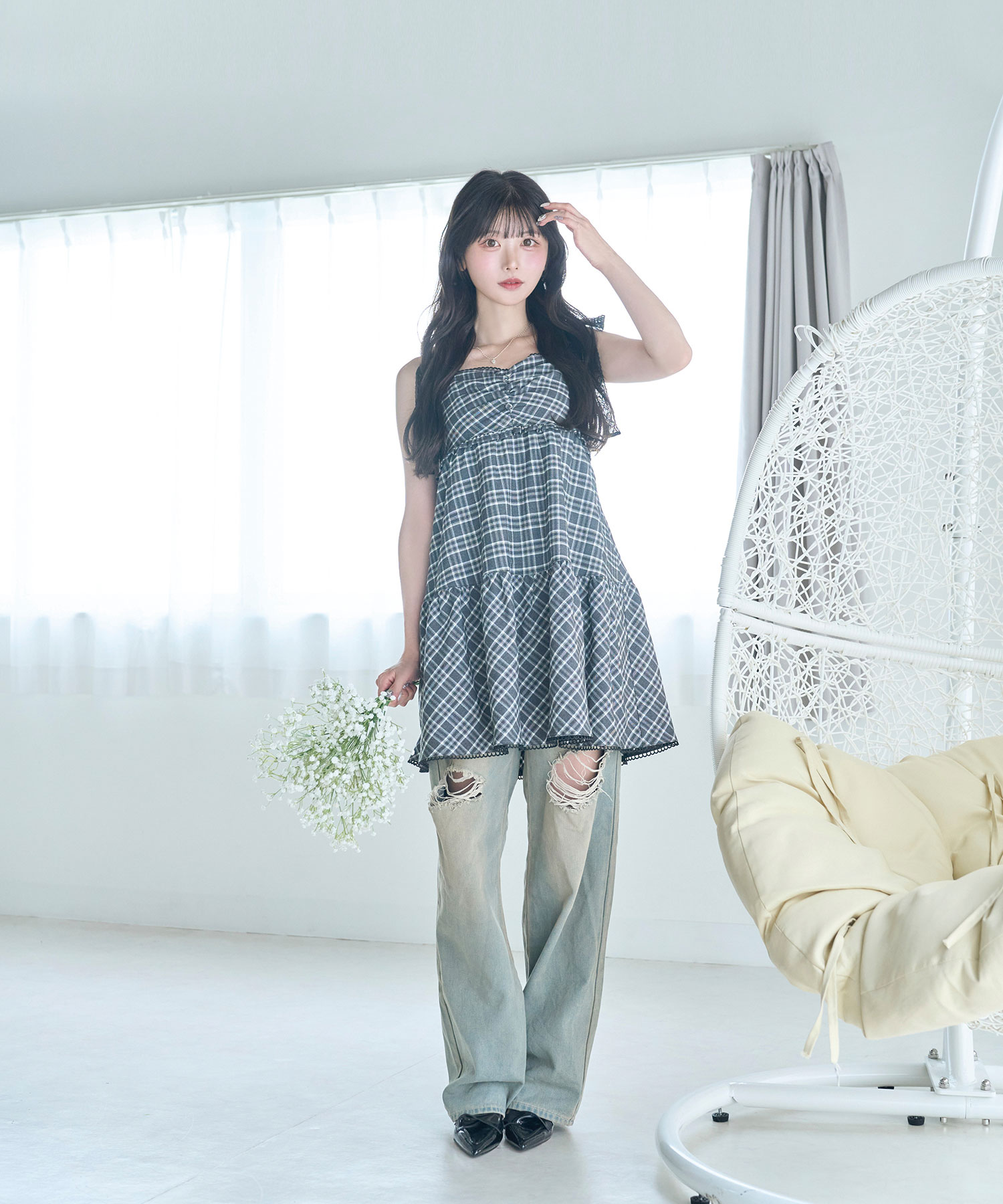 cardigan check camisole onepiece