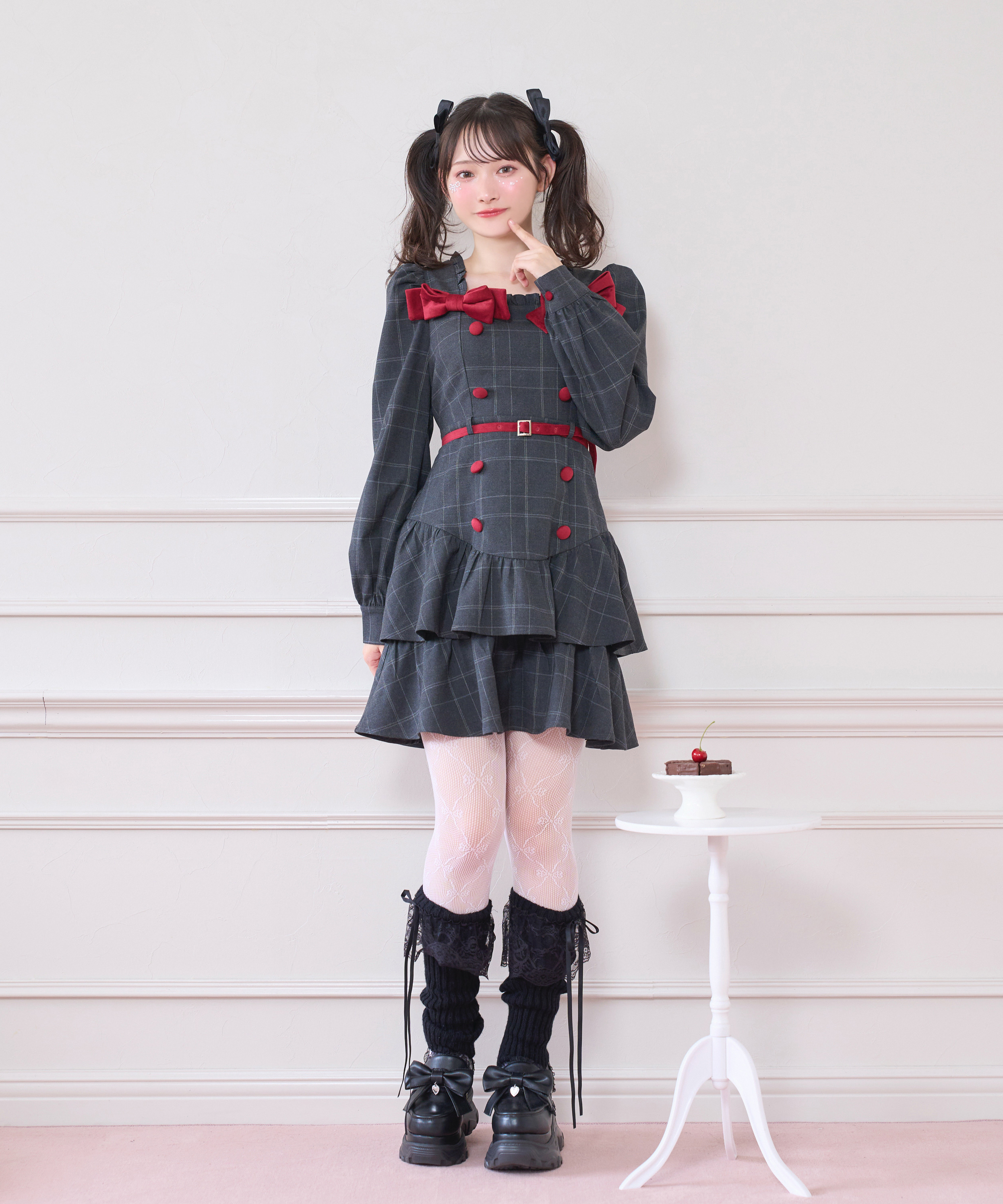 ベロアリボン配色ワンピース