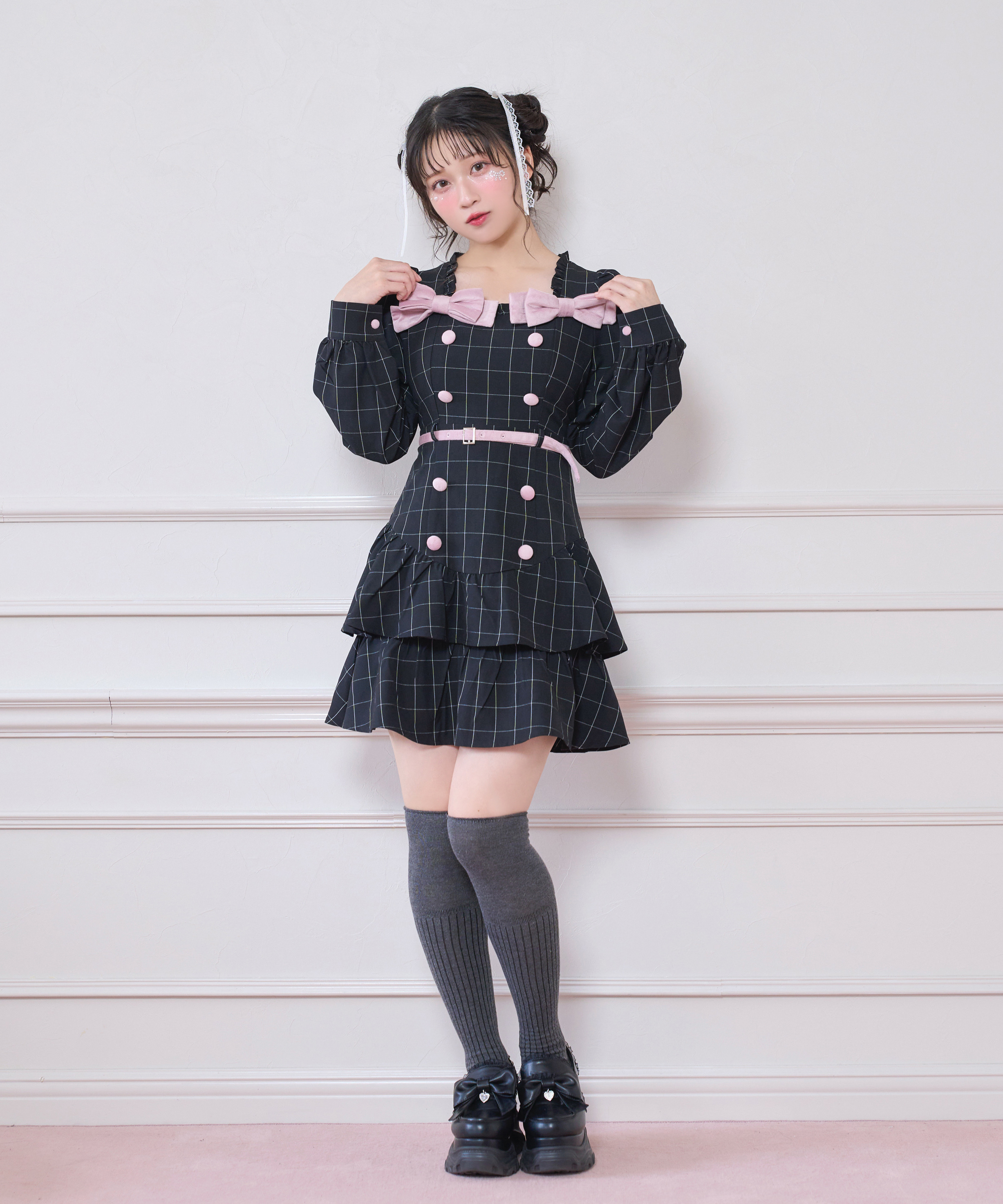 ベロアリボン配色ワンピース