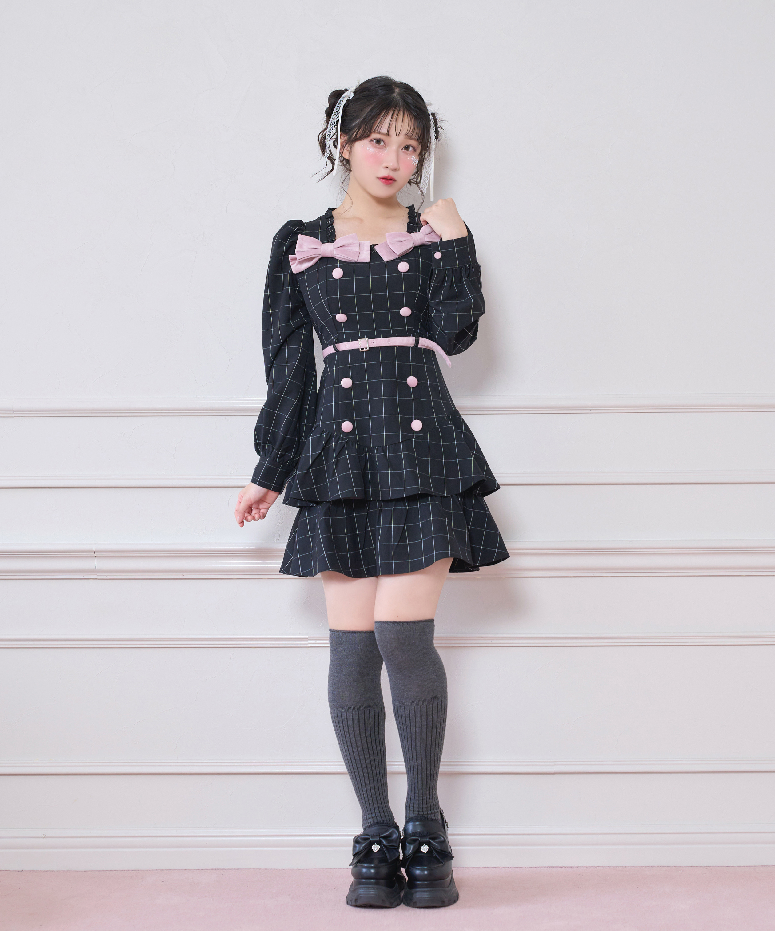 ベロアリボン配色ワンピース