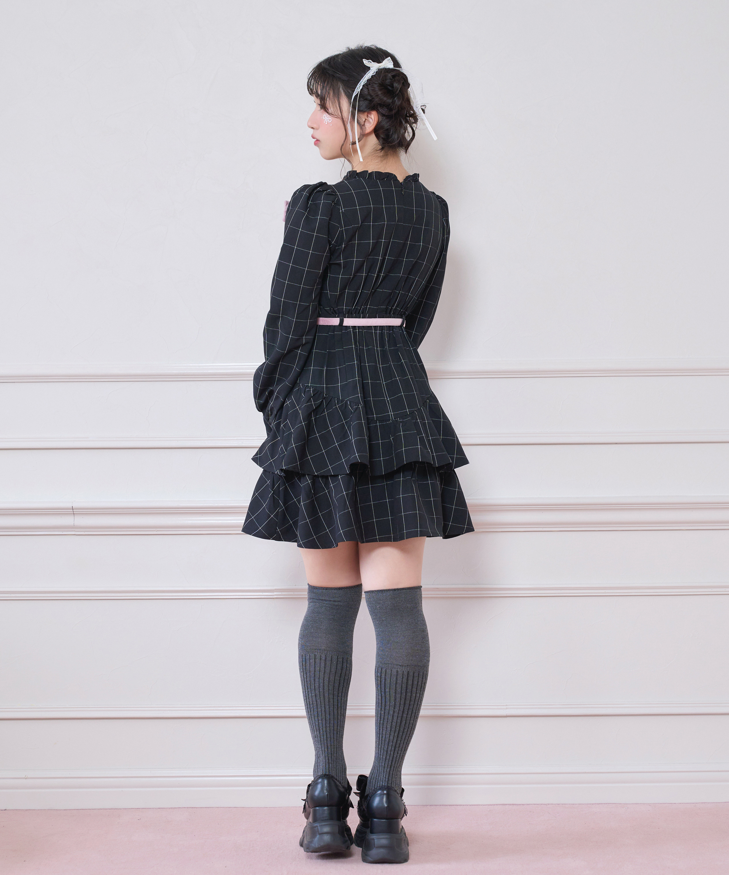 ベロアリボン配色ワンピース