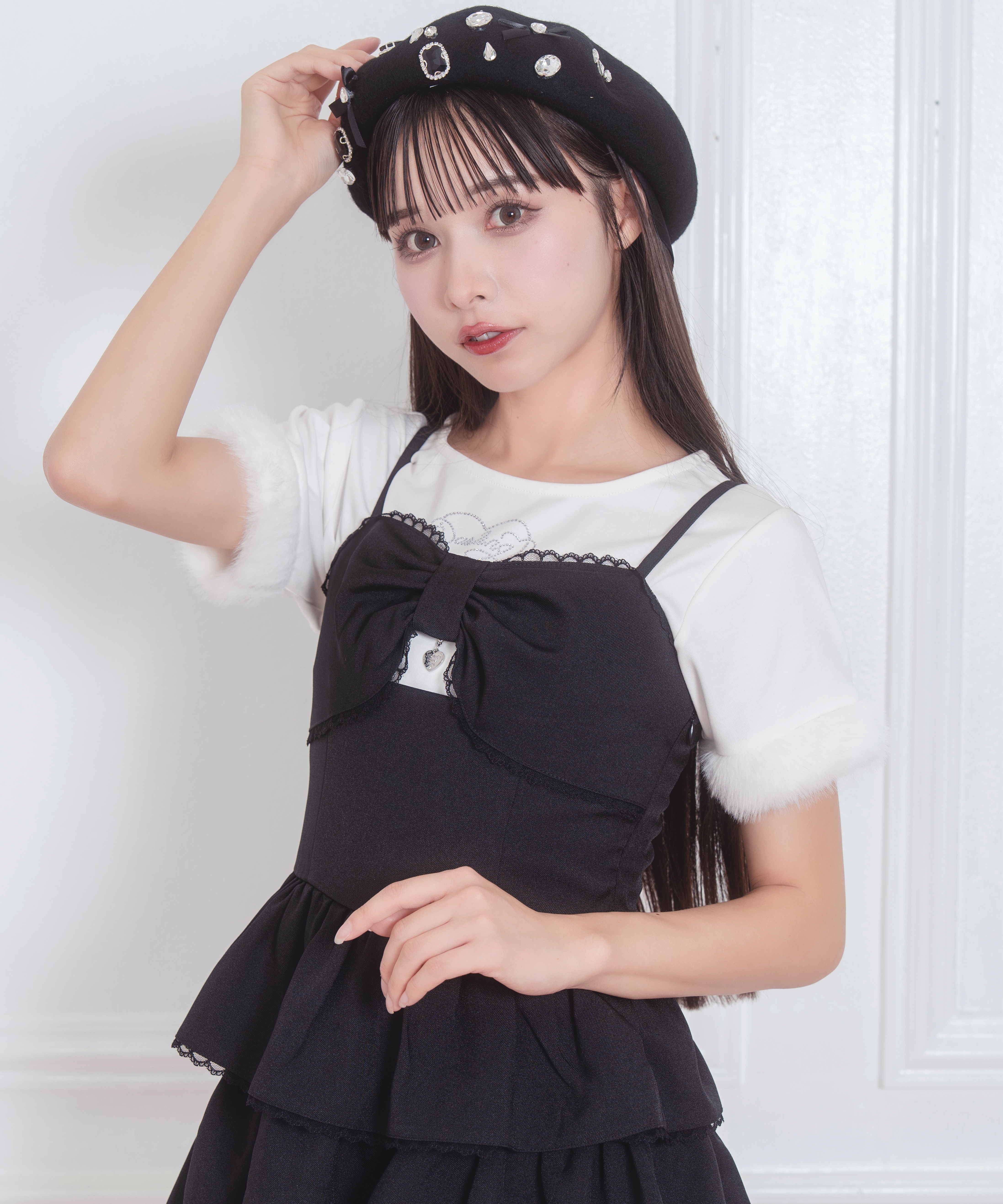 フランシュリッペ ブラック 肩リボンジャンバースカート ジャンスカ フランシュリッペ franche lippee フリル ジャンパースカート