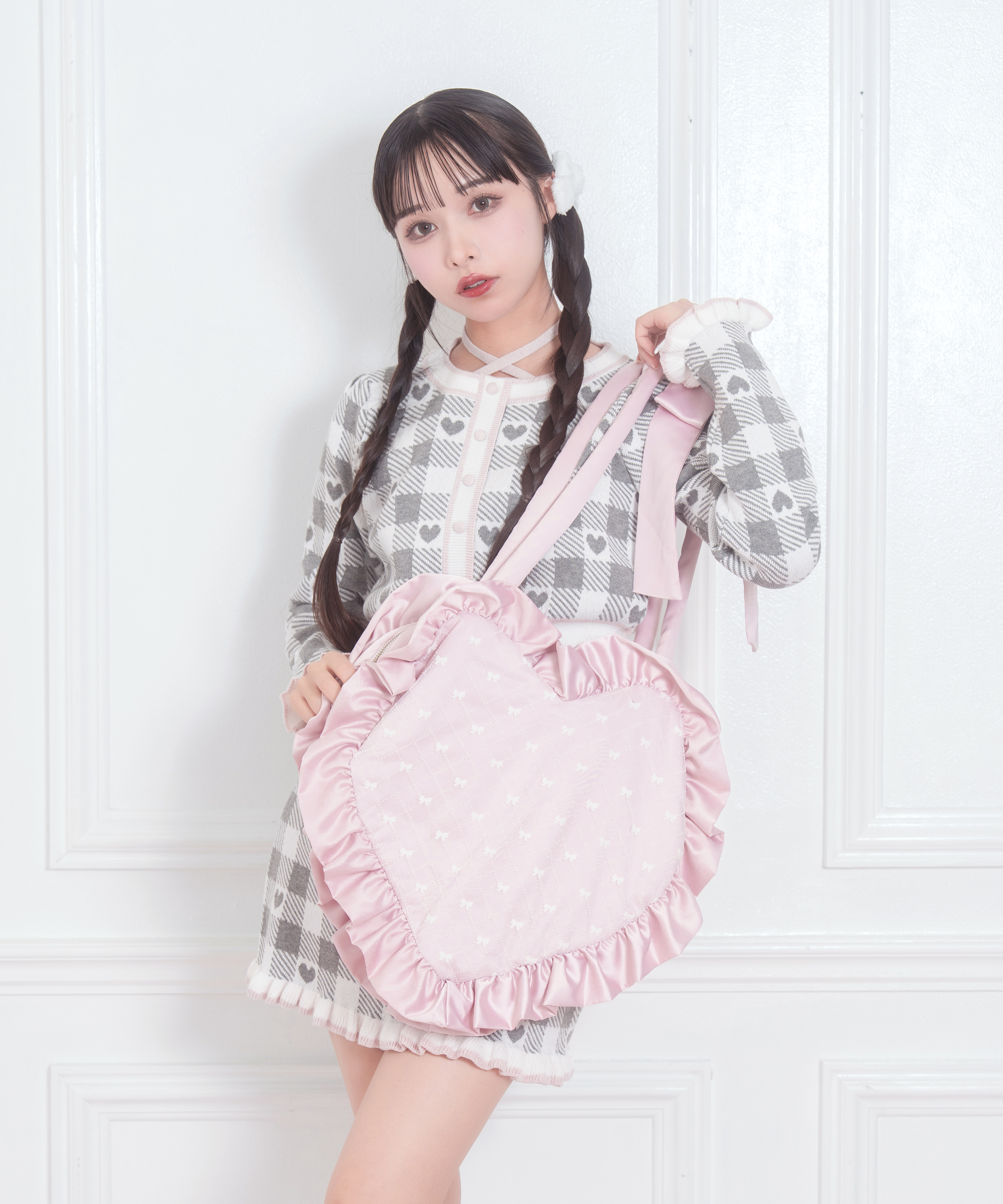 ハンドルリボンフロッキーハートバッグ