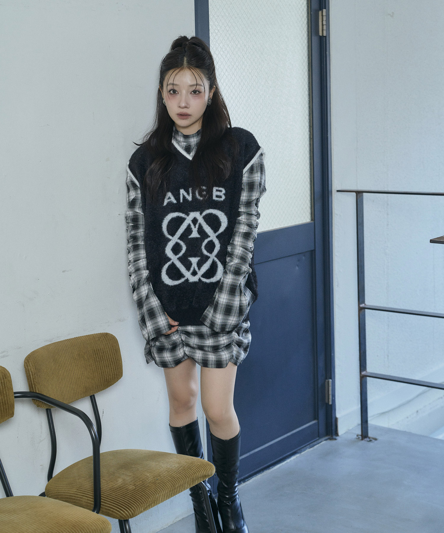 チェックギャザーミニワンピ