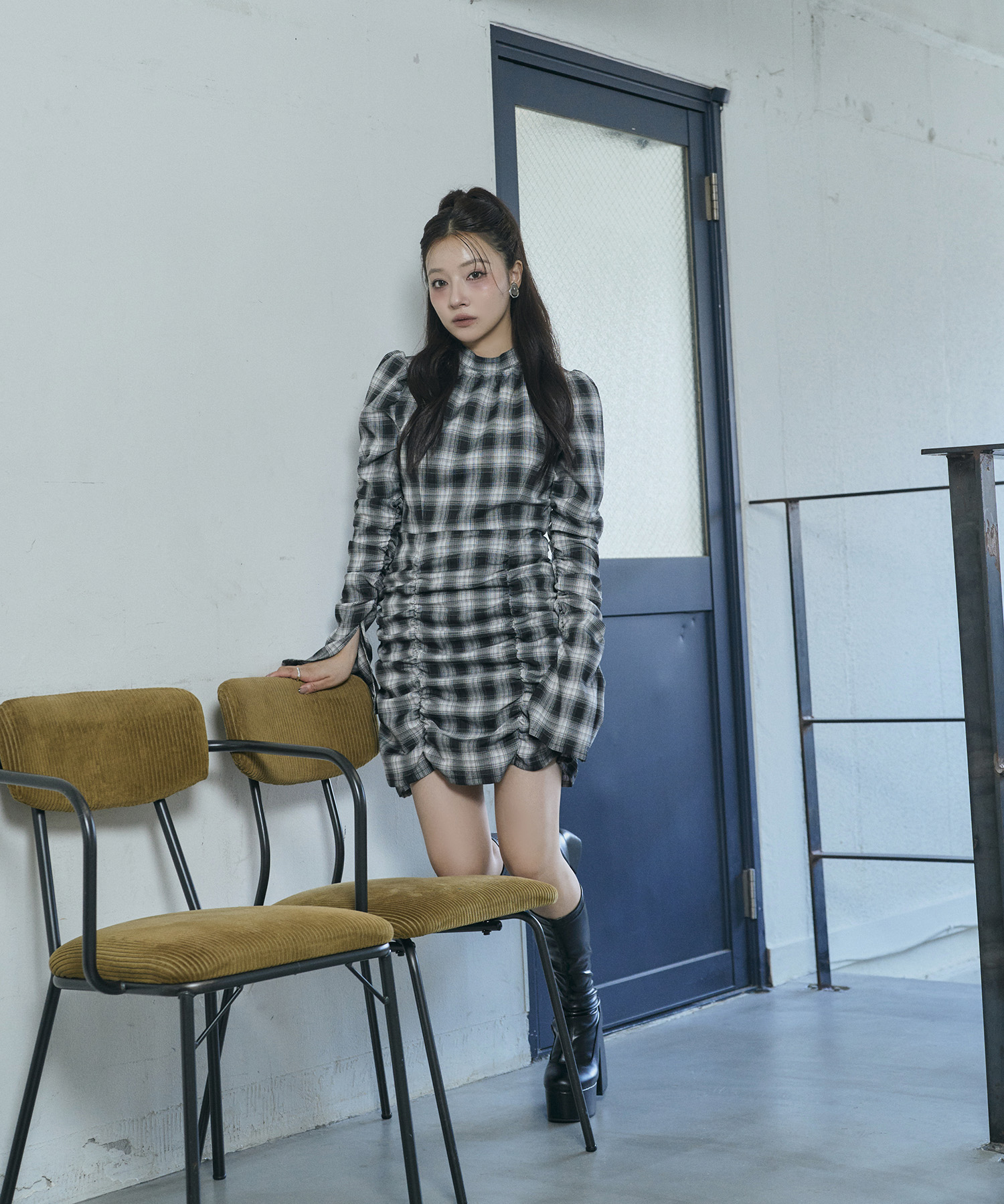 チェックギャザーミニワンピ