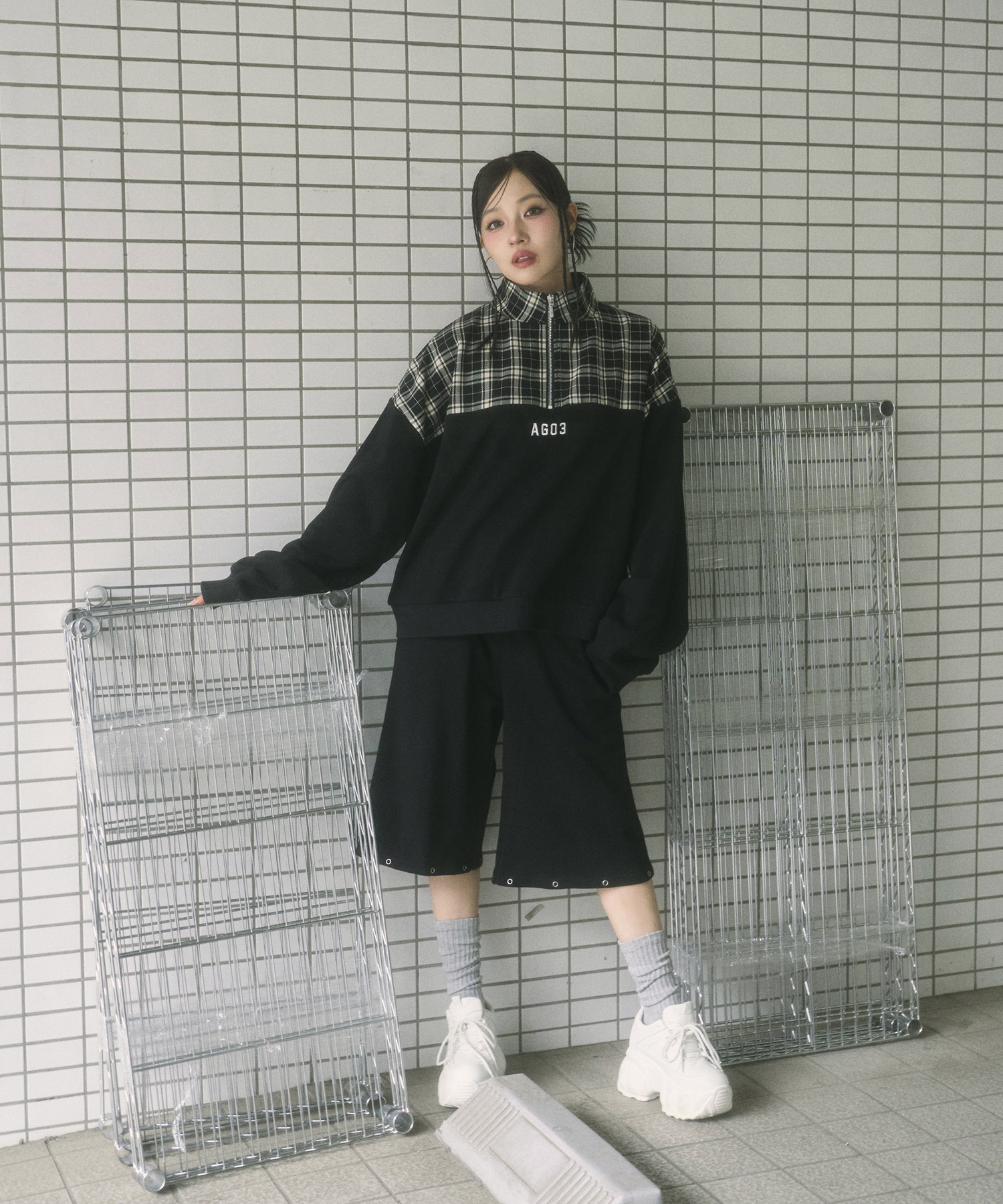 UNISEX 2WAYチェックロゴスウェットパンツ