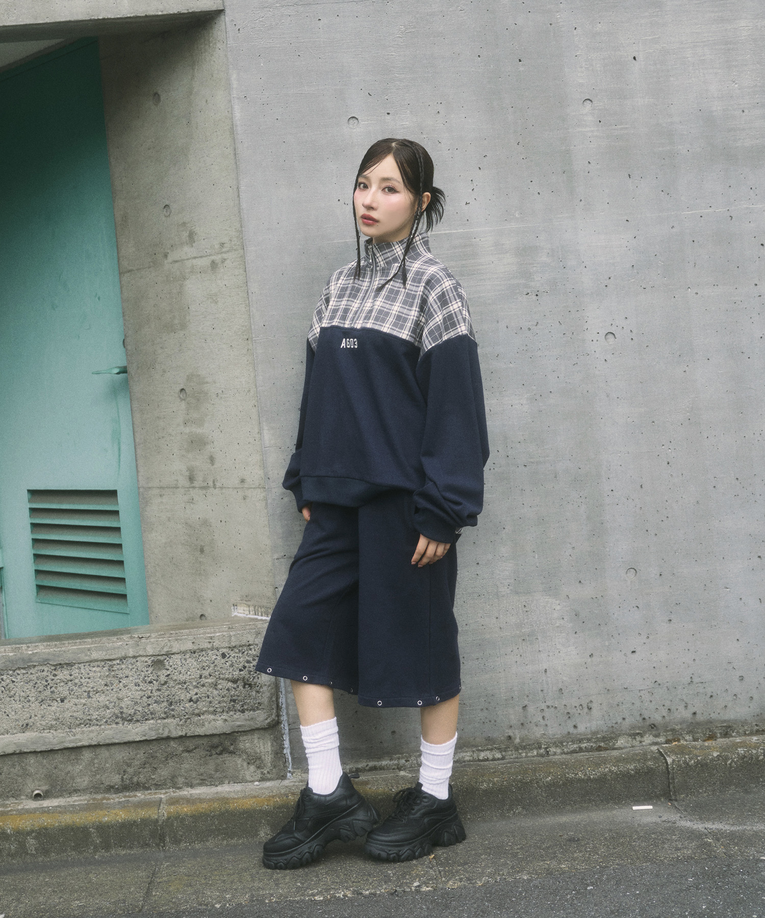 UNISEX 2WAYチェックロゴスウェットパンツ