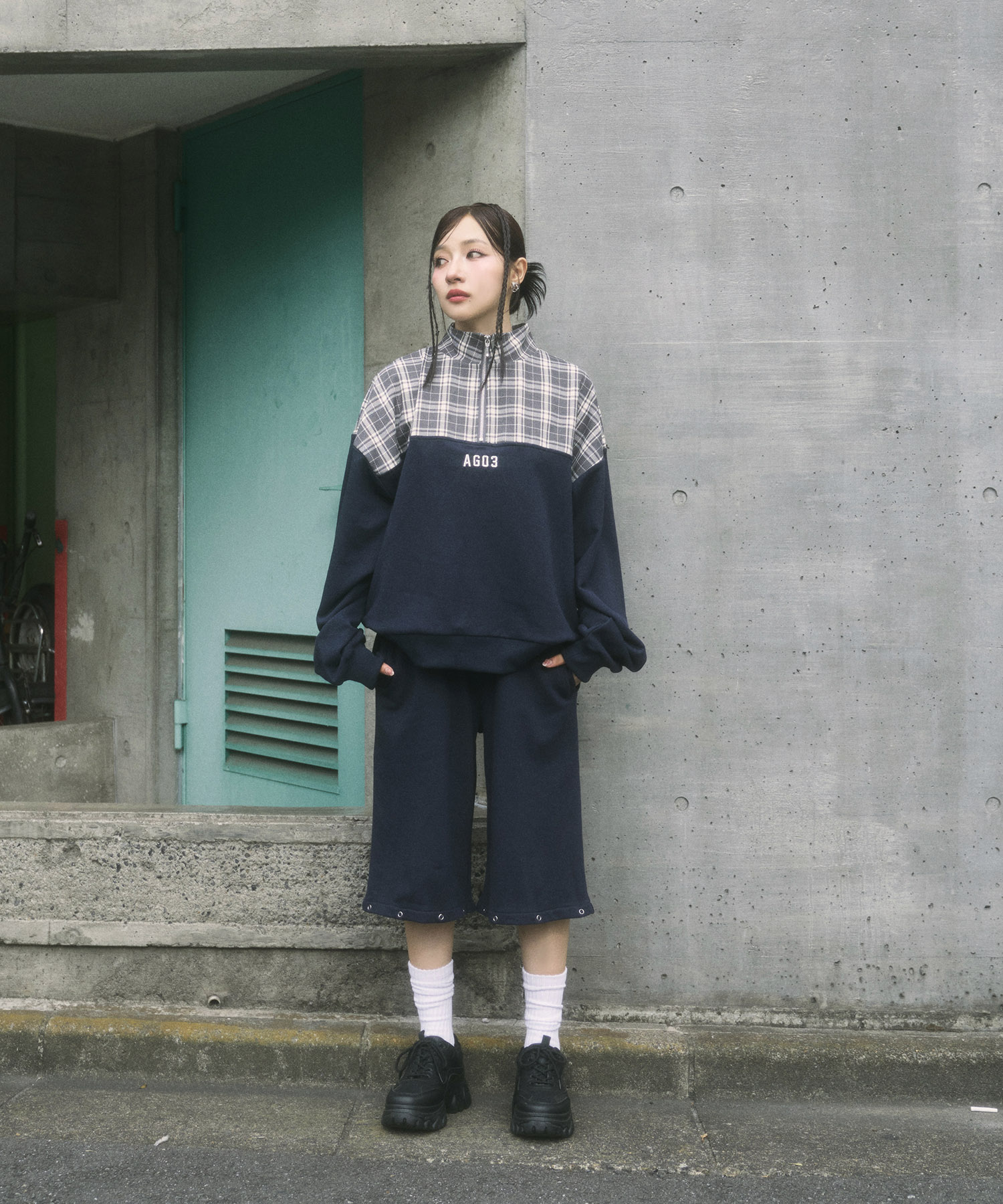 UNISEX 2WAYチェックロゴスウェットパンツ