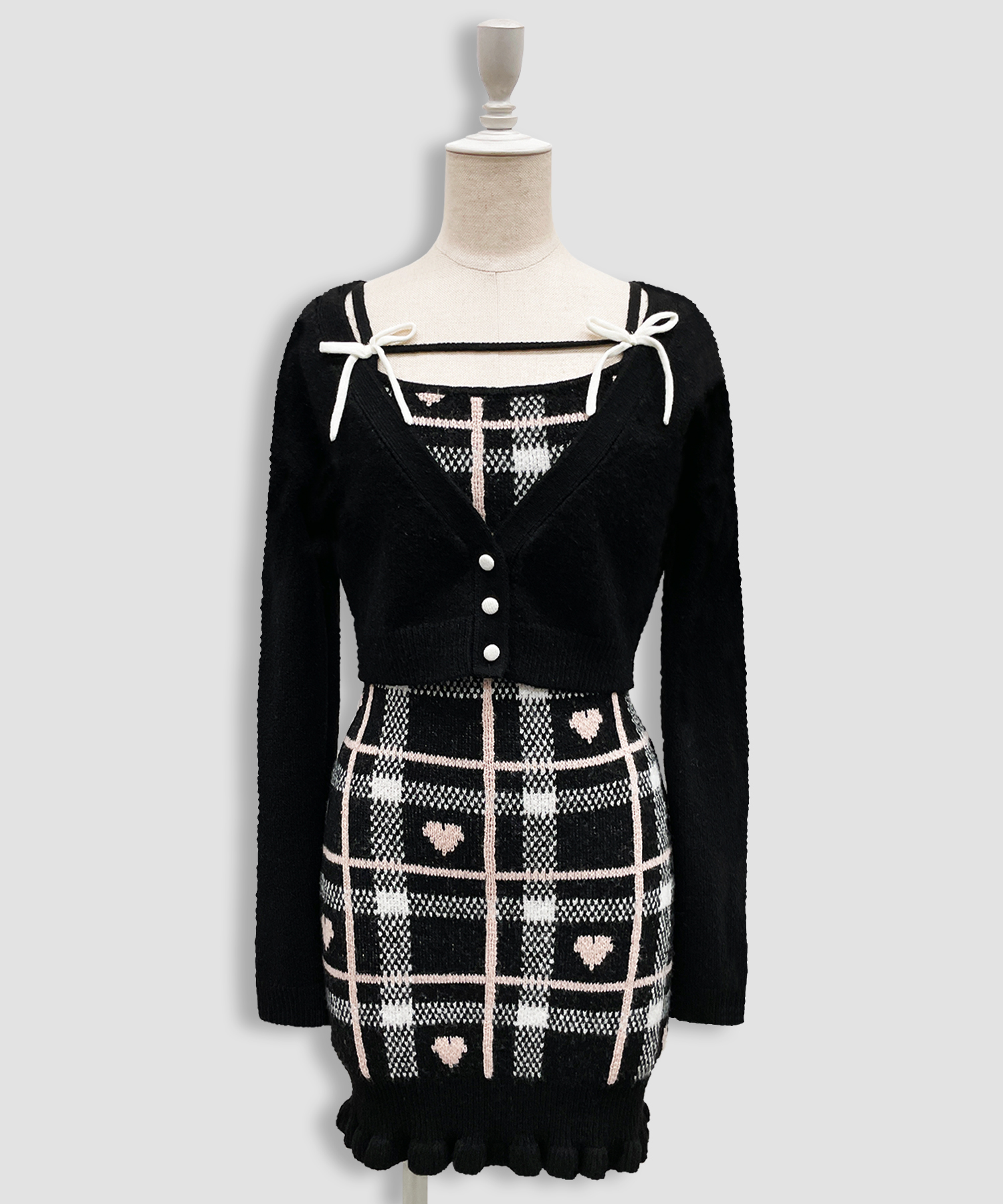 ハートチェックキャミワンピニットセットアップ