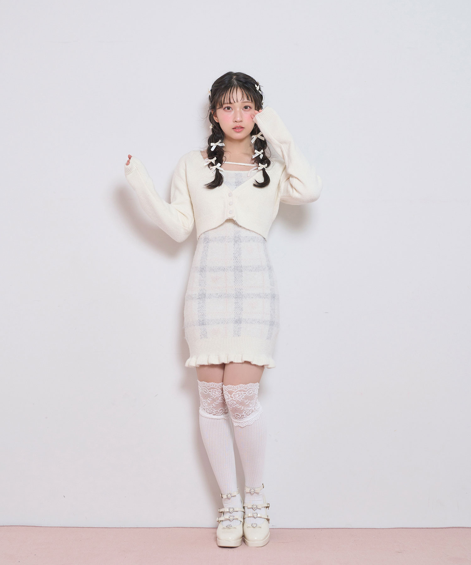 ハートチェックキャミワンピニットセットアップ