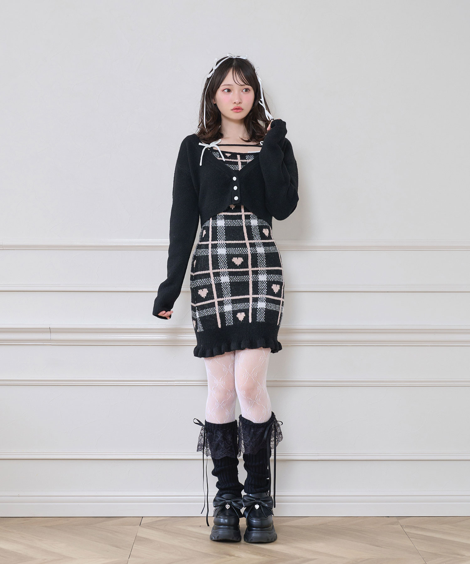 ハートチェックキャミワンピニットセットアップ