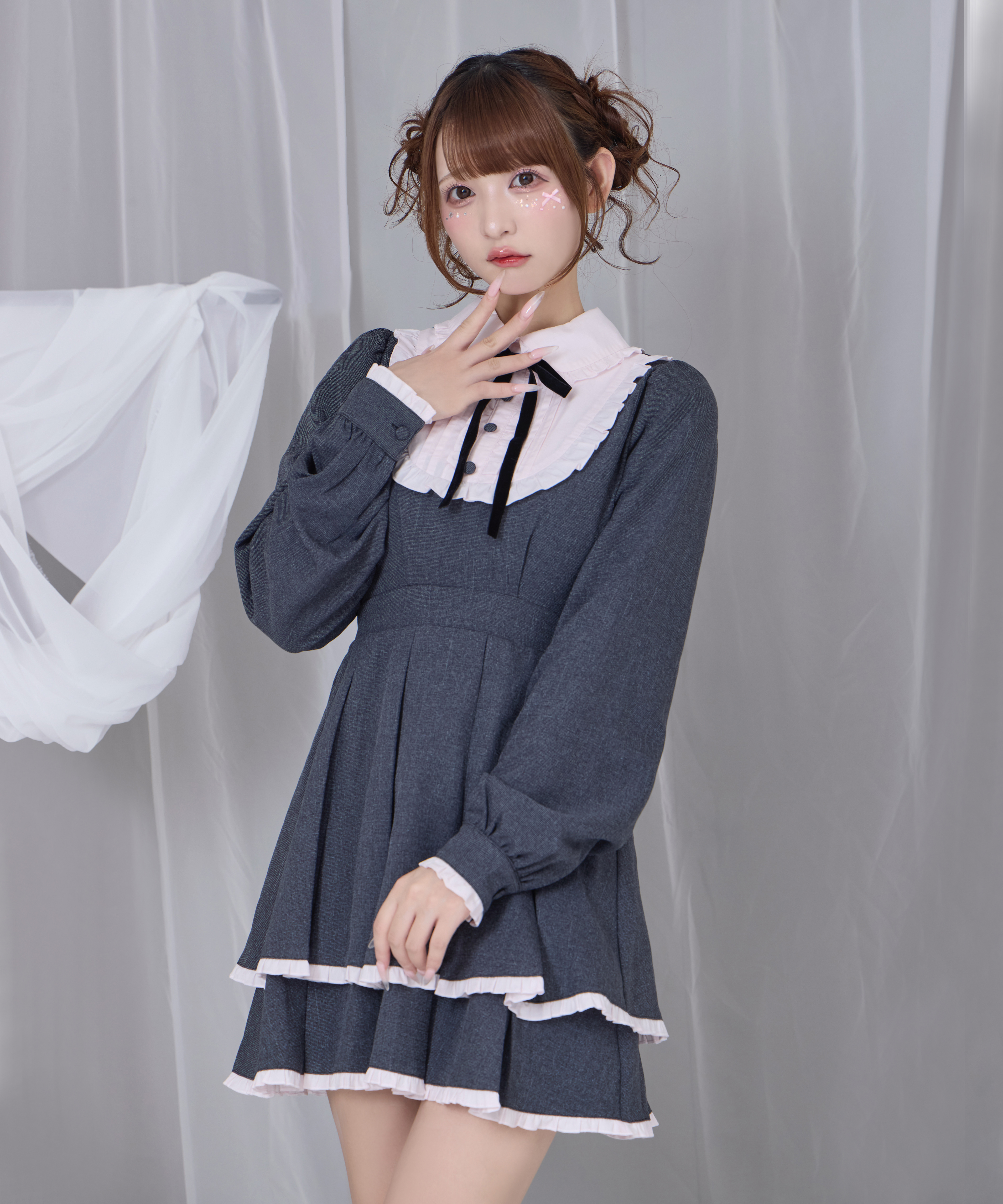 【新品未使用】ハニシナ ベロアリボンスクエアネックワンピース ブラックミックス Honey Cinnamon ワンピース ベロアリボンスクエアネック