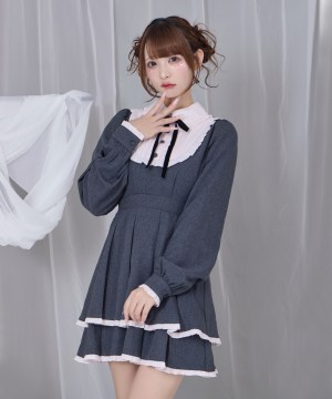 【予約販売】ベロアリボン配色ヨークワンピース