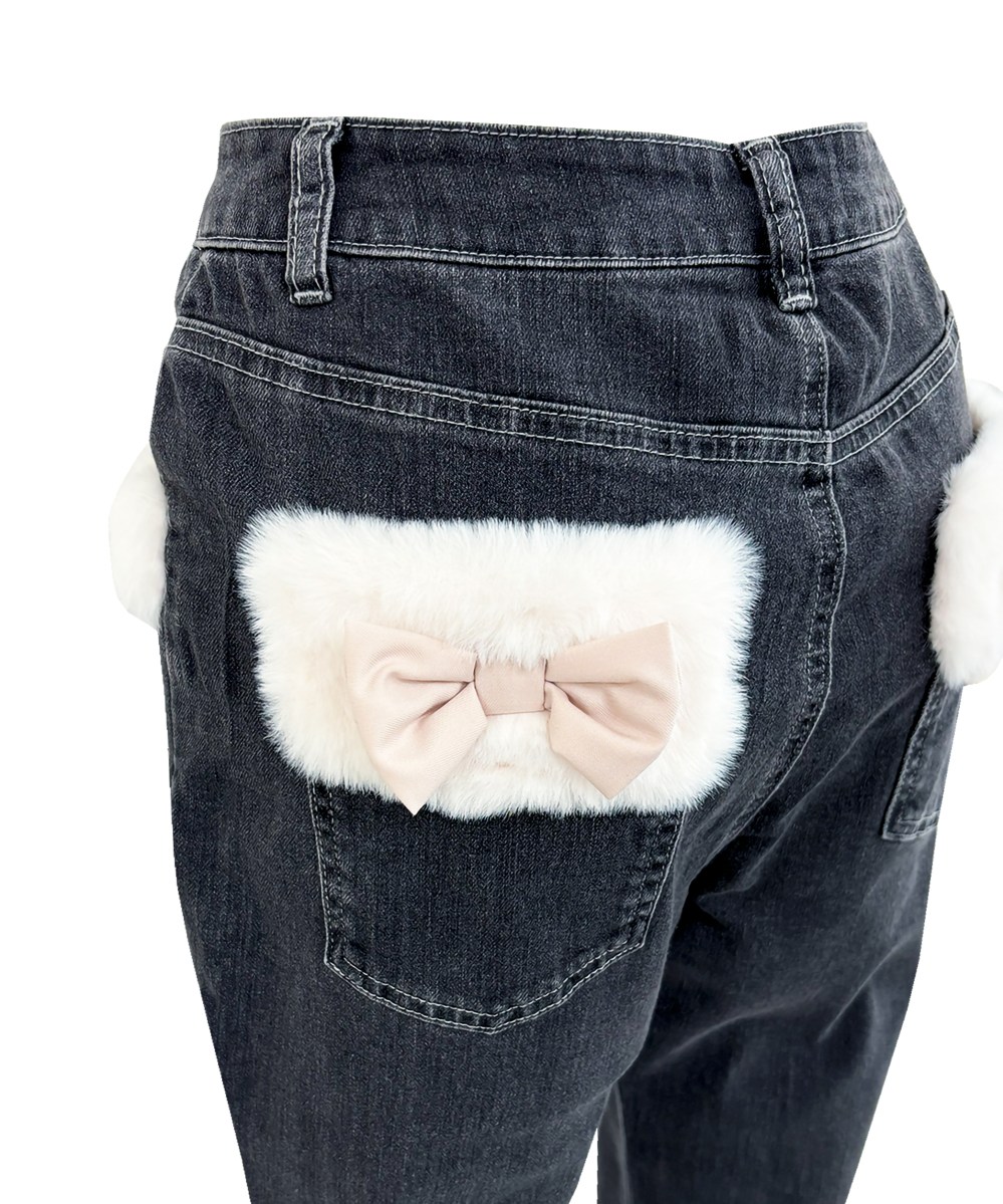 Fur trimmed denim pants