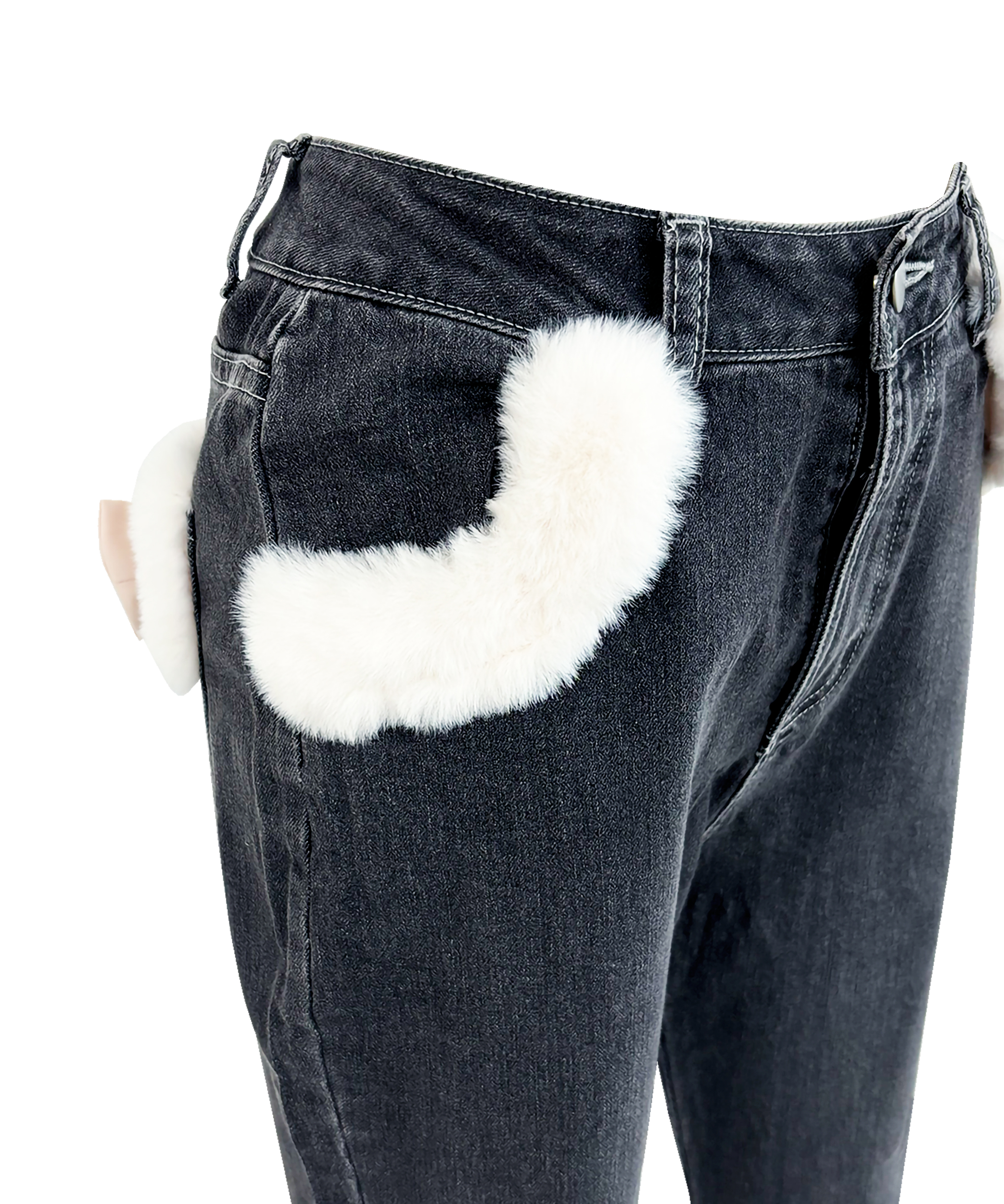 Fur trimmed denim pants