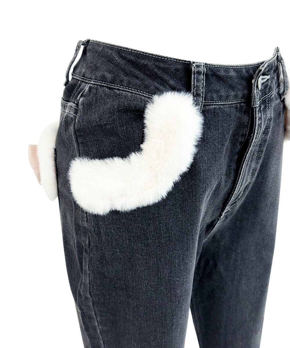 Fur trimmed denim pants