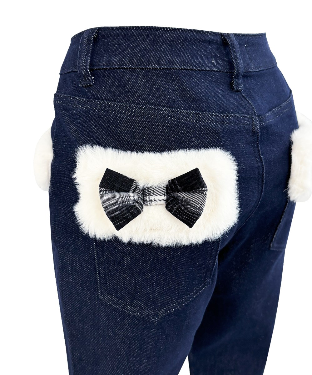 Fur trimmed denim pants