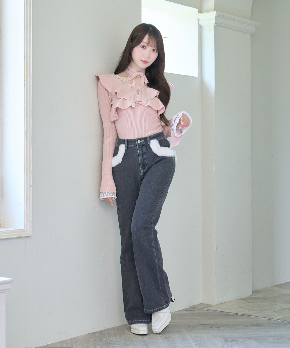 Fur trimmed denim pants