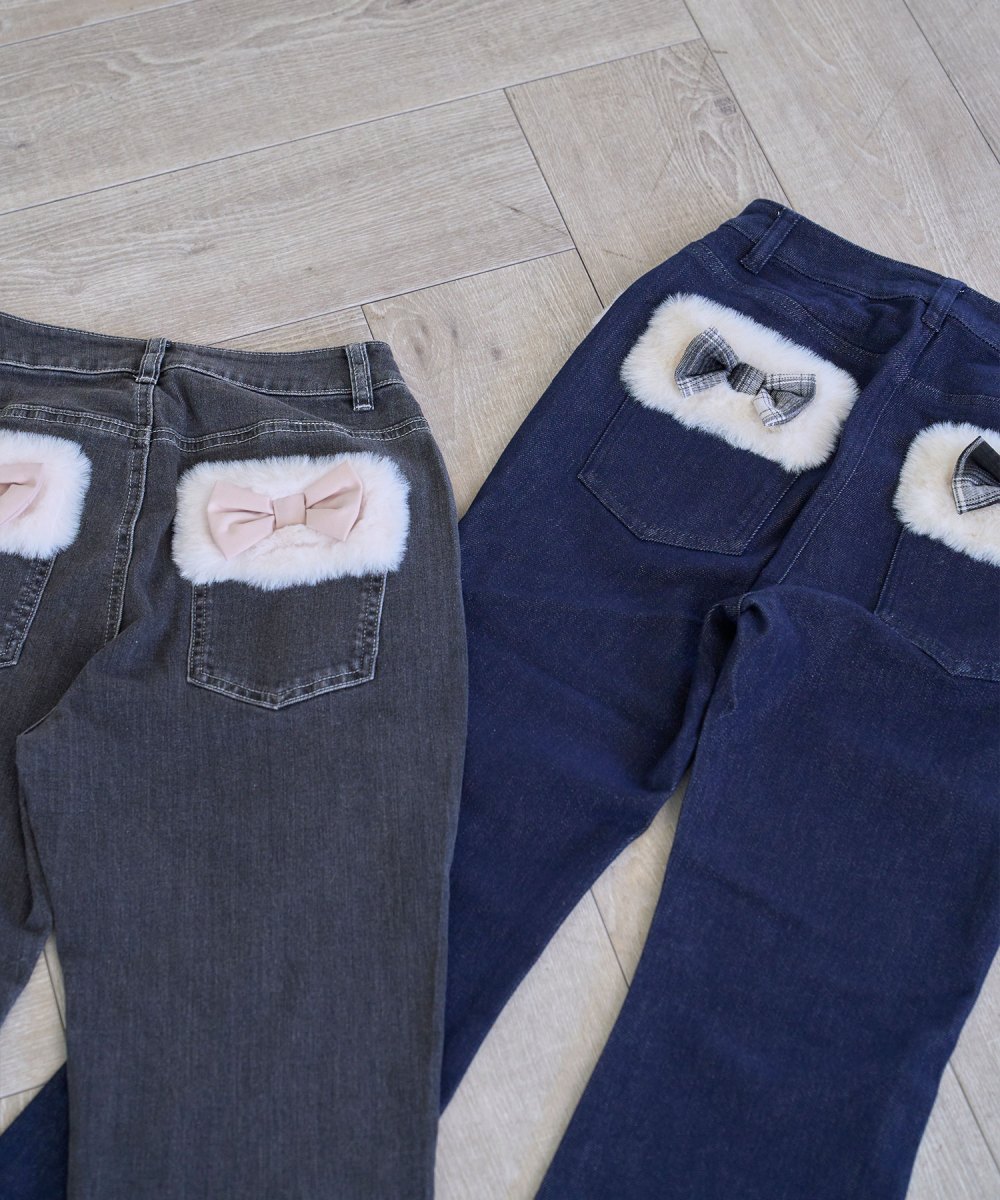 Fur trimmed denim pants