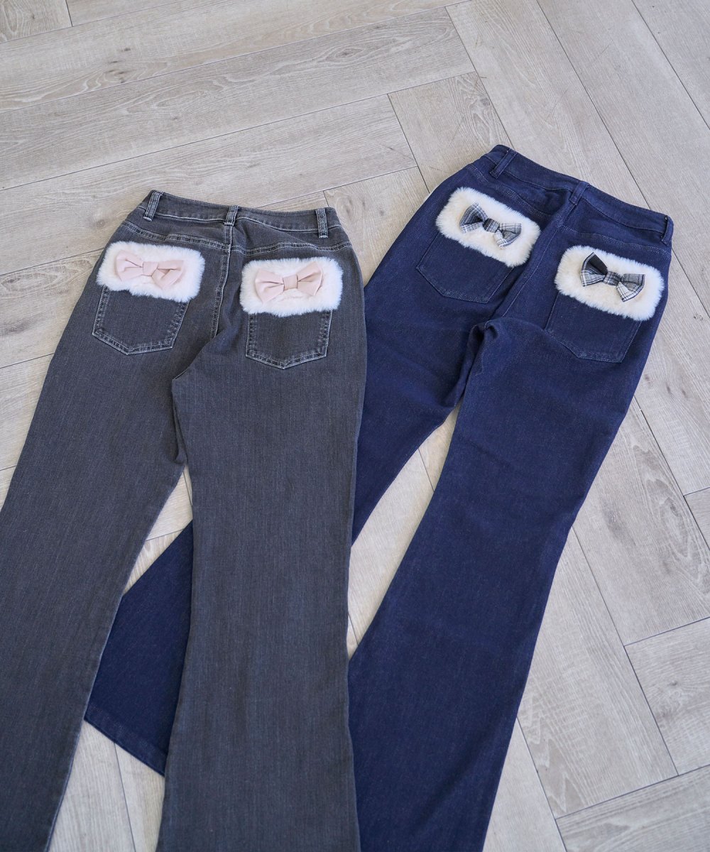Fur trimmed denim pants
